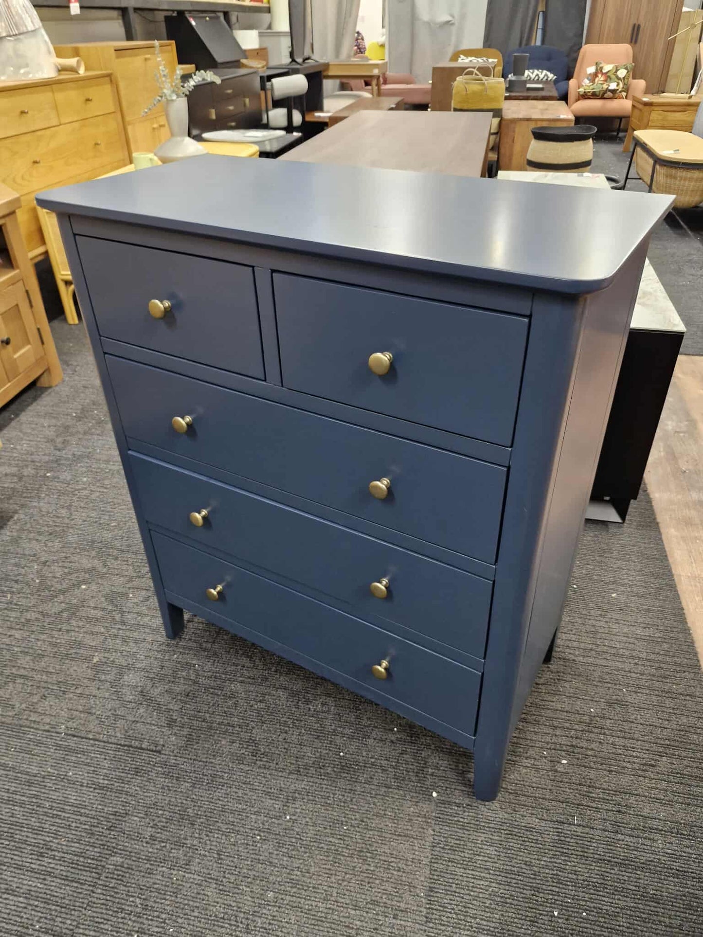 Blue High Chest of 5 Drawers with Brass Handles