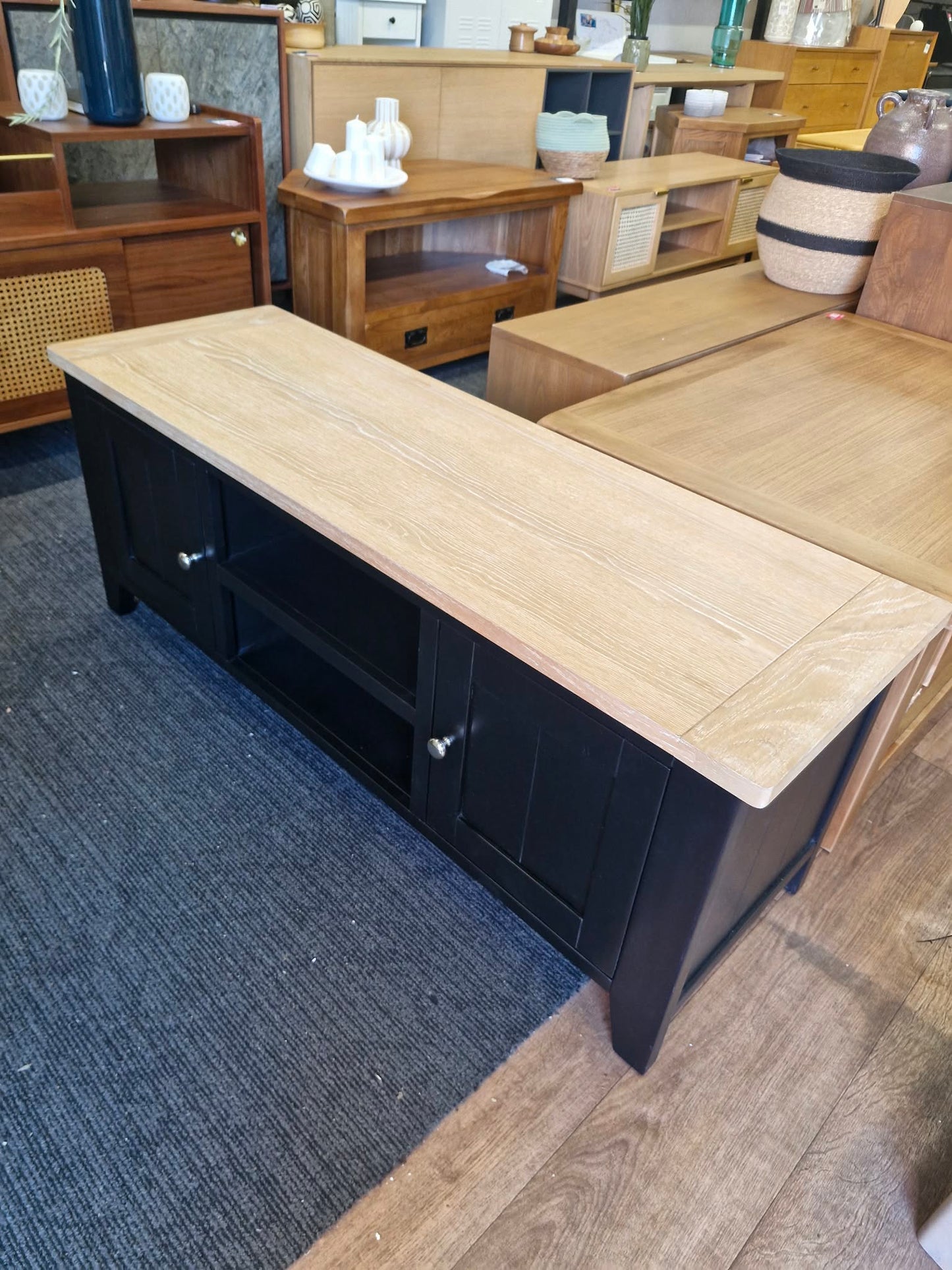 Black and Solid Oak Wood Top Tv Stand