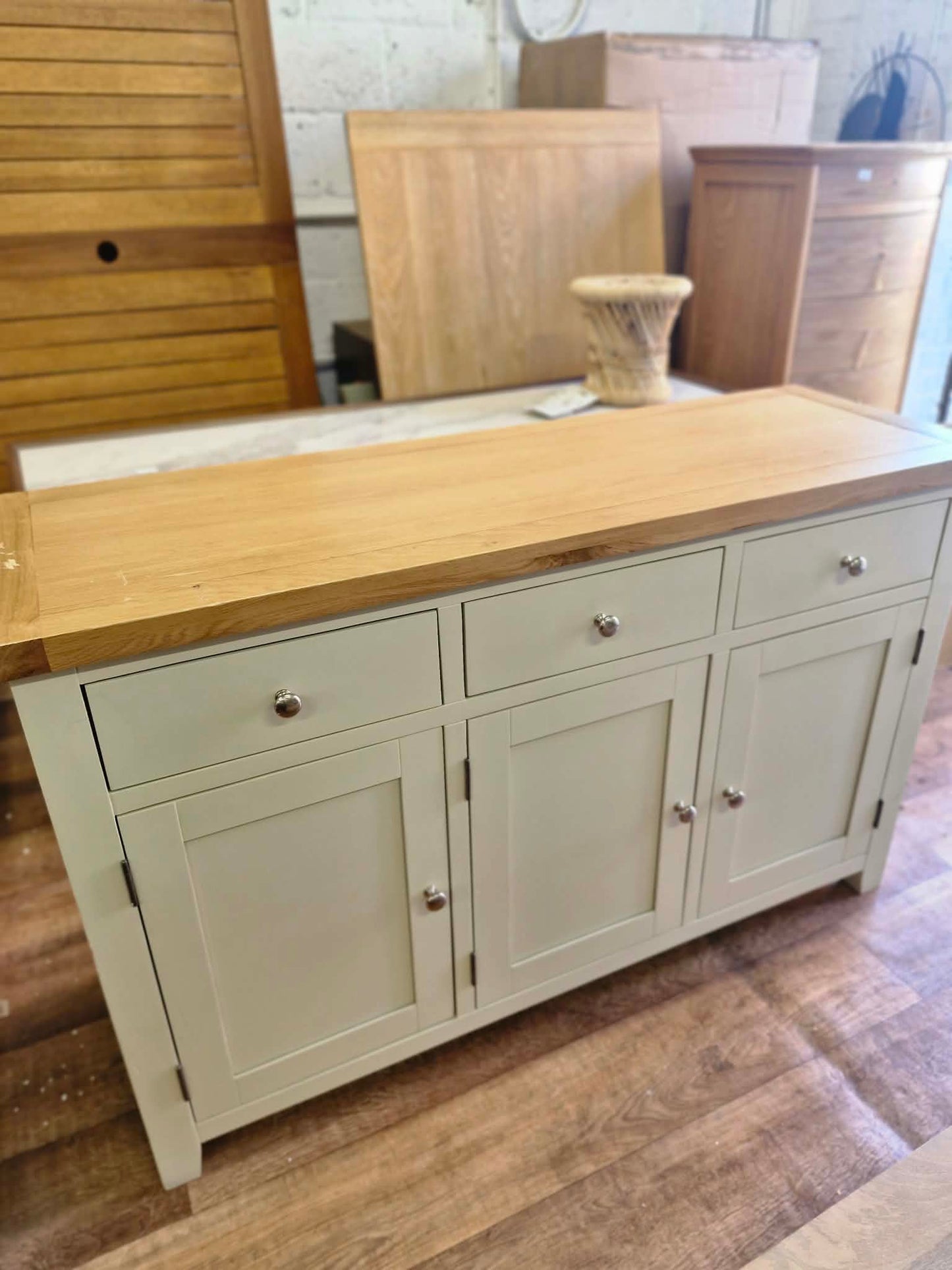 Pastel Light  Green and Oak Large Sideboard with 3 doors and 3 Drawers