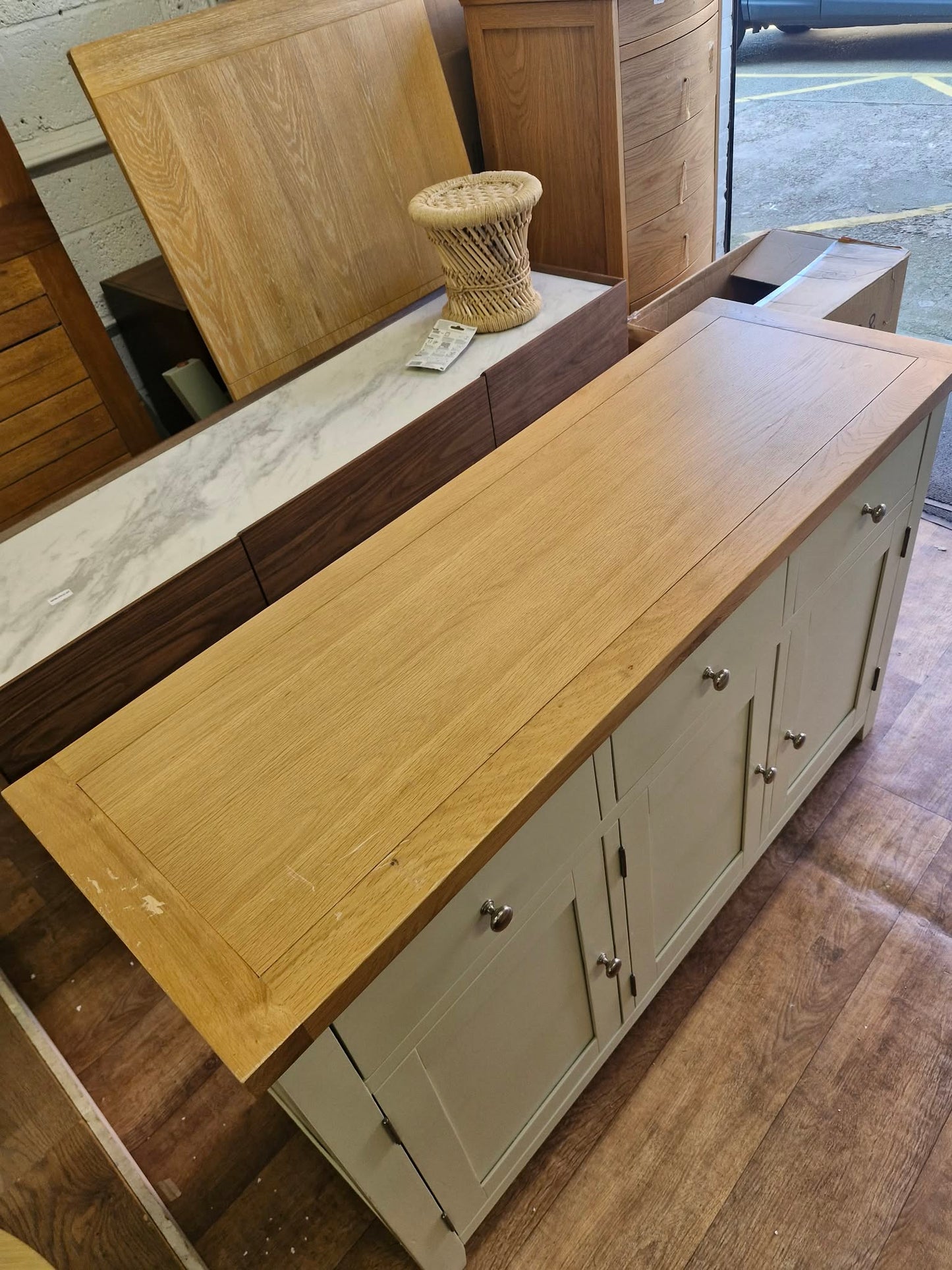 Pastel Light  Green and Oak Large Sideboard with 3 doors and 3 Drawers