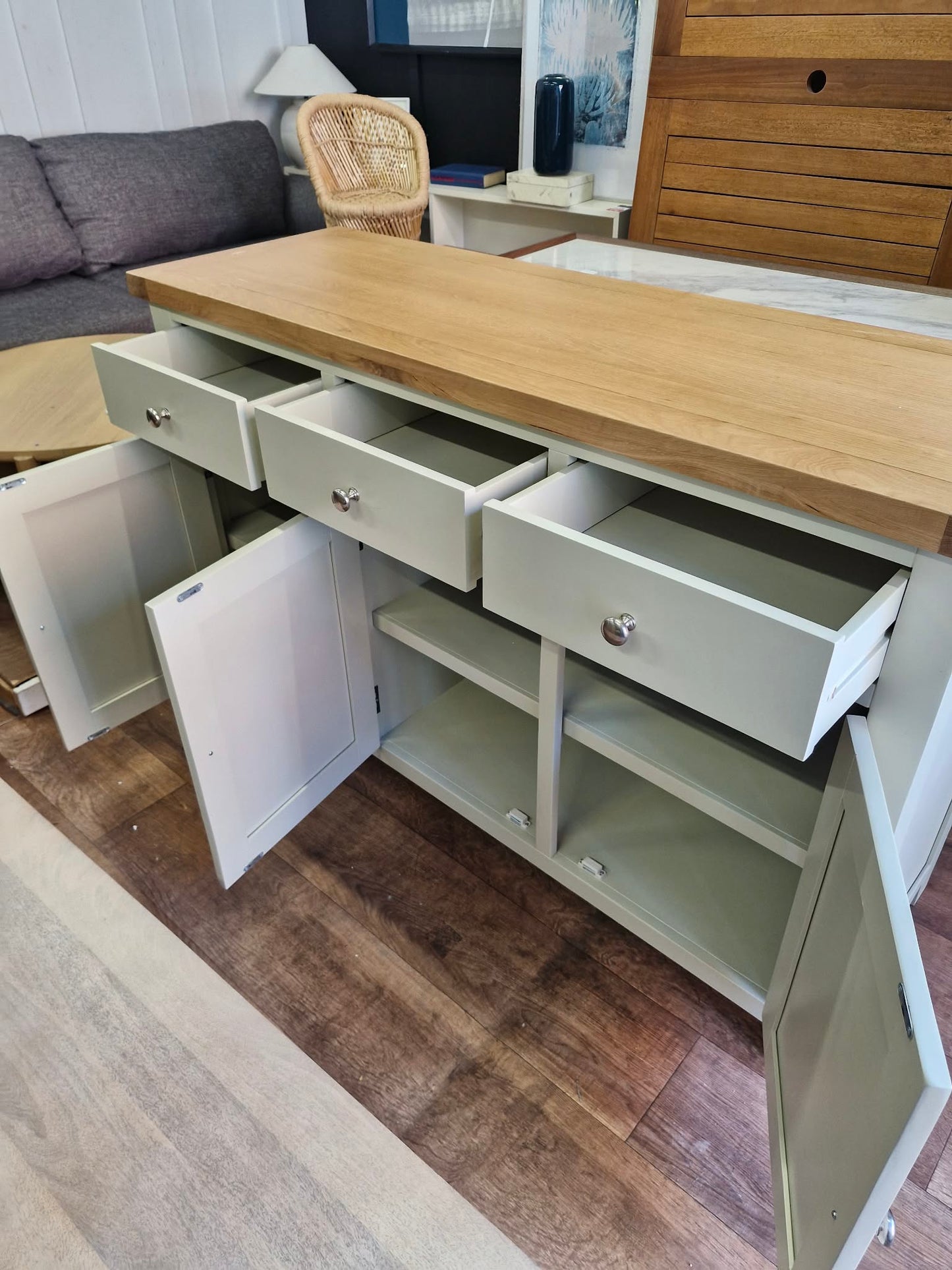 Pastel Light  Green and Oak Large Sideboard with 3 doors and 3 Drawers