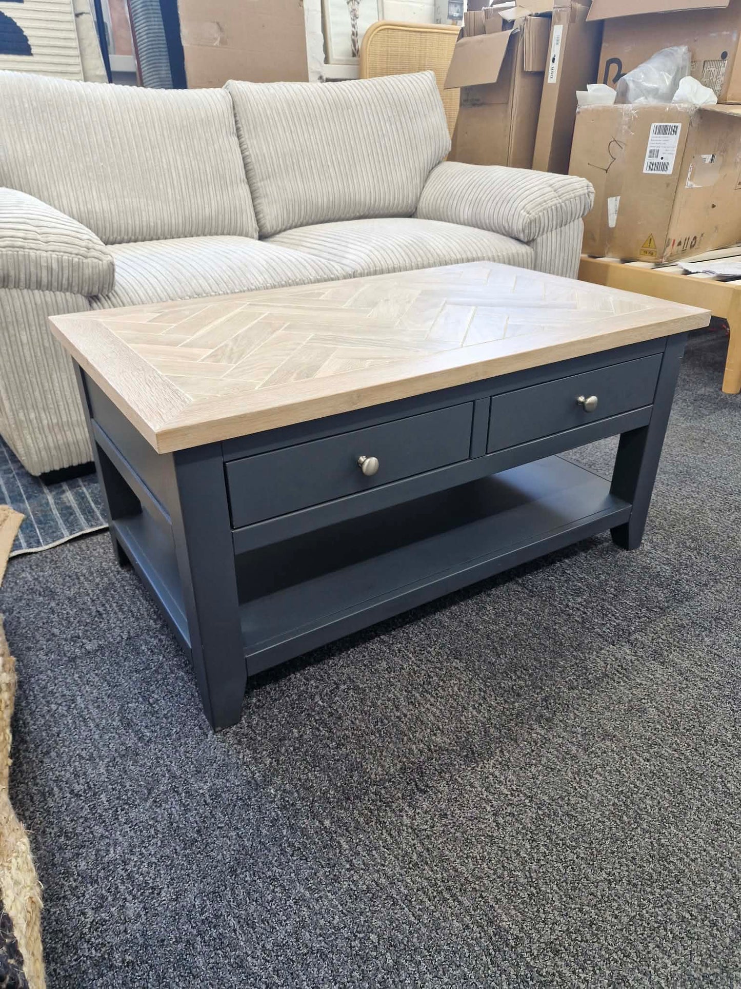 Navy Blue and Wood Herringbone/parquet Top Coffee Table with drawers and shelf