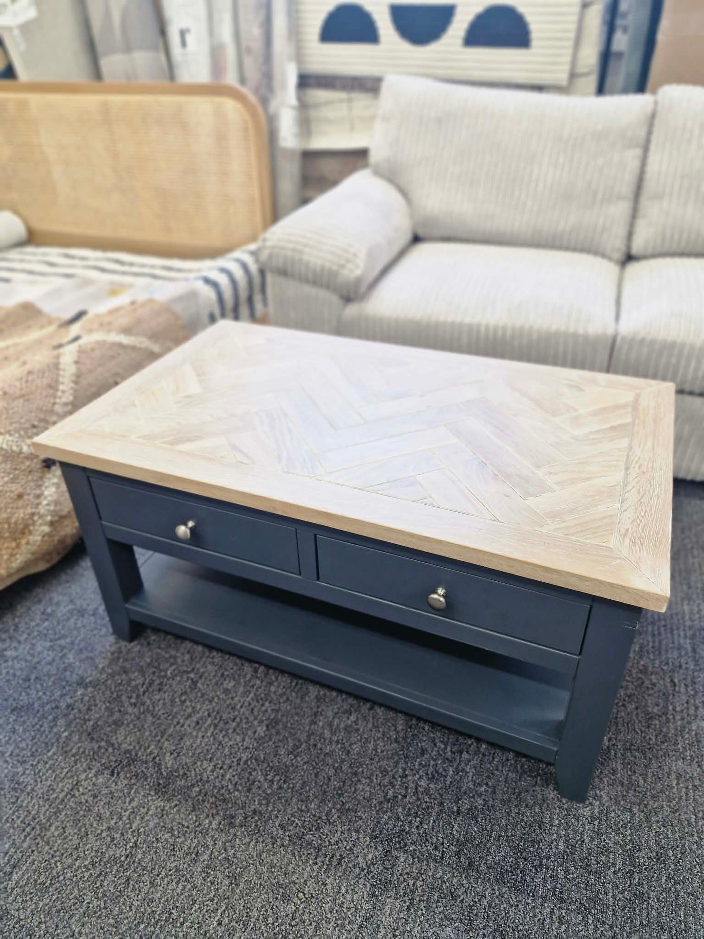 Navy Blue and Wood Herringbone/parquet Top Coffee Table with drawers and shelf