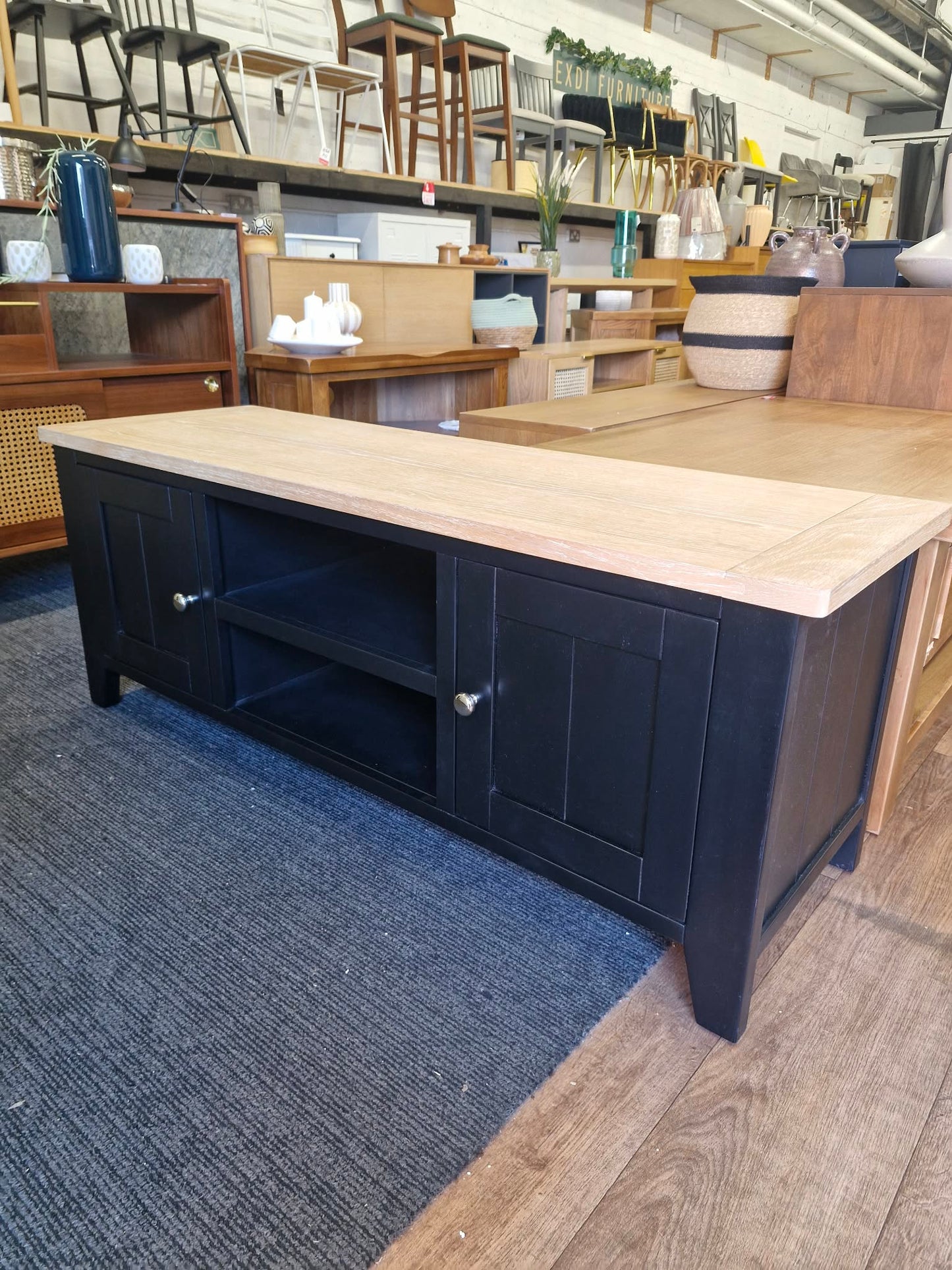 Black and Solid Oak Wood Top Tv Stand