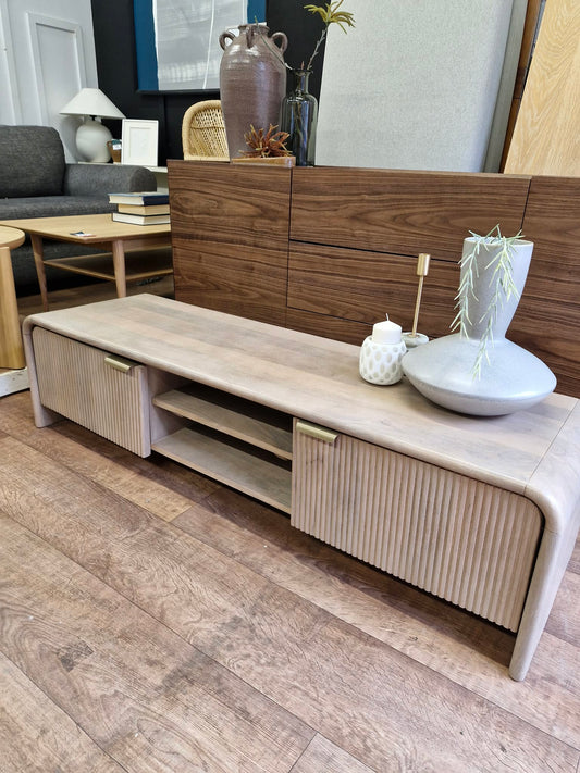 Washed Grey Solid Wood Low Tv Stand with curved edges and ribbed doors