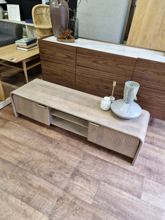 Washed Grey Solid Wood Low Tv Stand with curved edges and ribbed doors