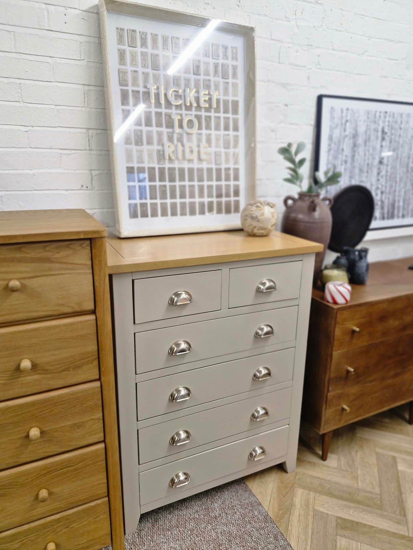 Oak and Grey High Chest of  6 Drawers / 2+4 drawers