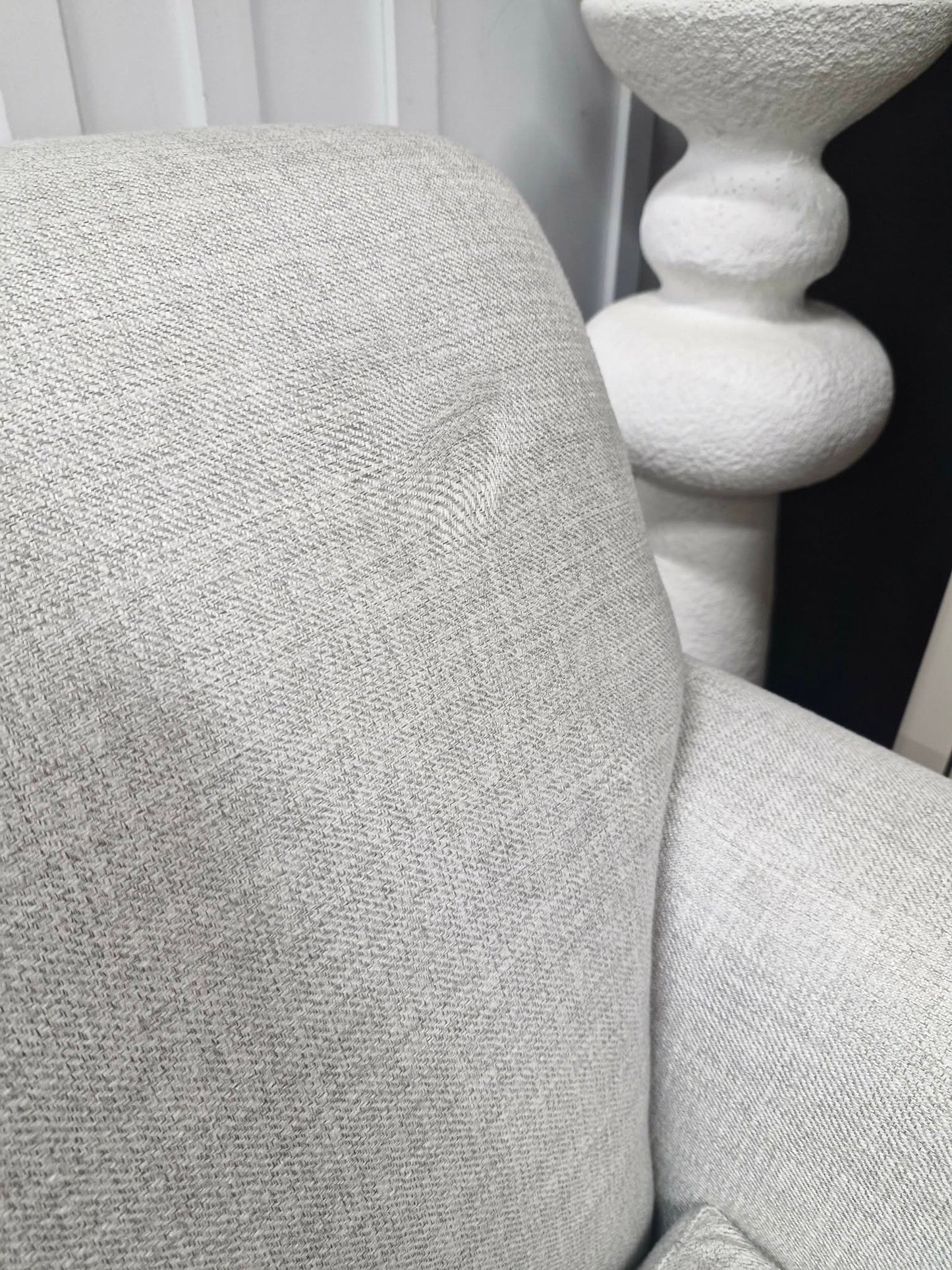 Light Grey Armchair with classic scroll arm and light wood legs / John Lewis Scroll II