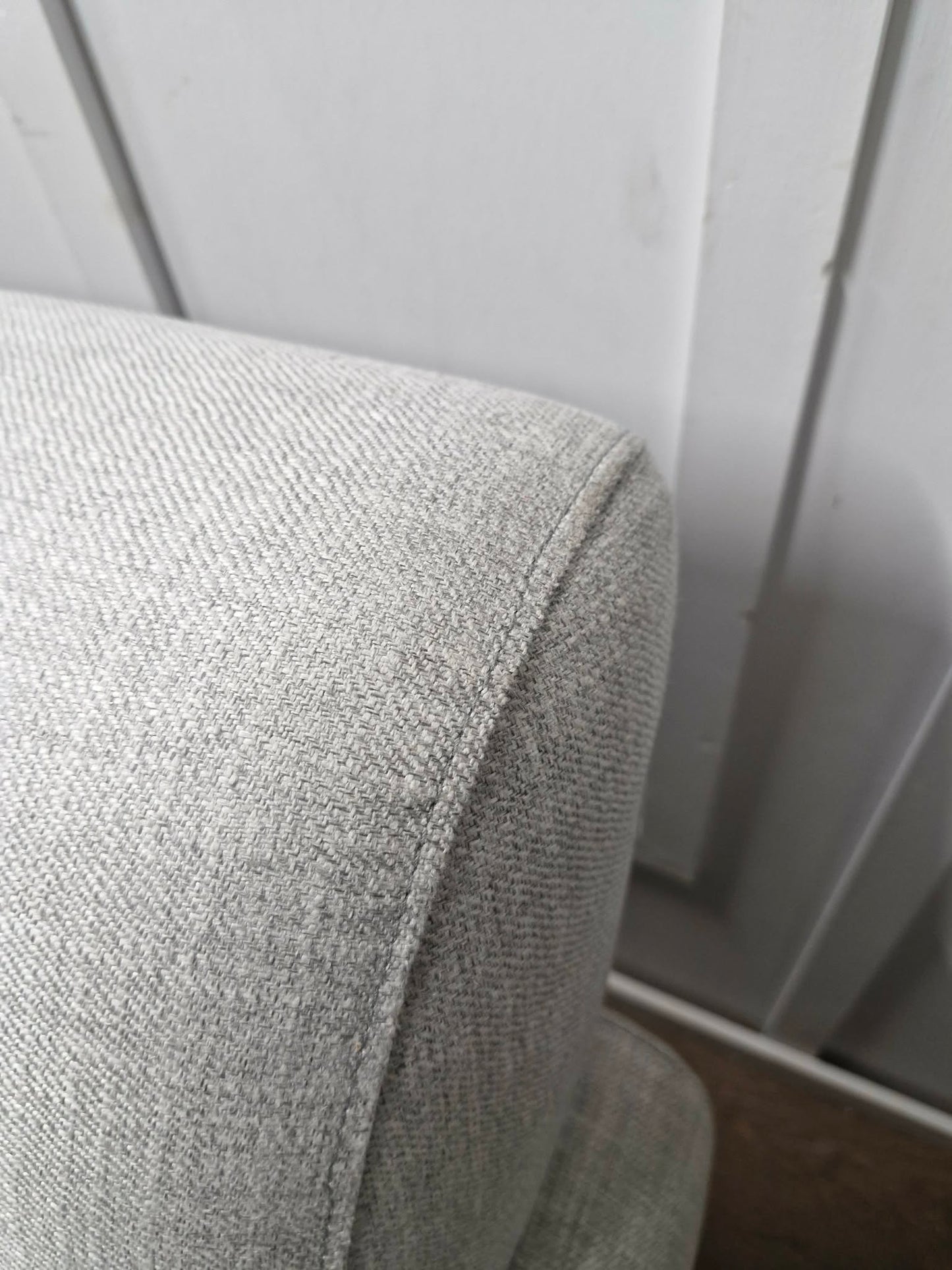 Light Grey Armchair with classic scroll arm and light wood legs / John Lewis Scroll II
