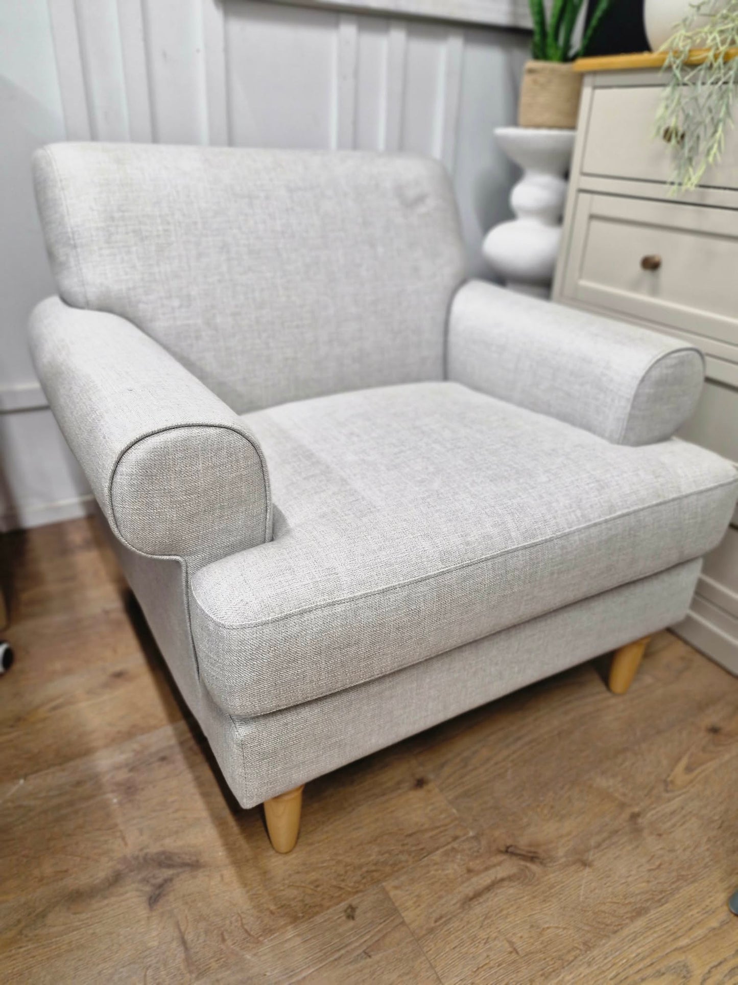 Light Grey Armchair with classic scroll arm and light wood legs / John Lewis Scroll II
