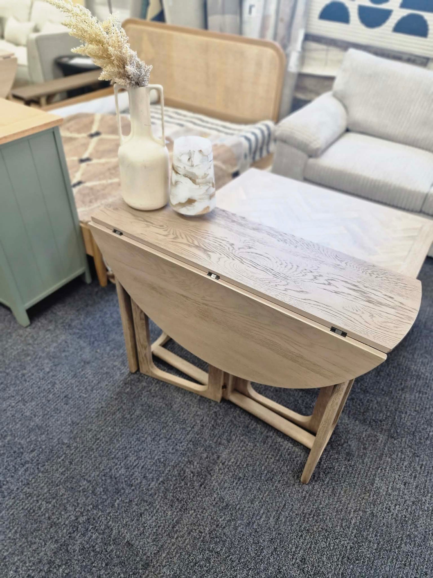 Drop Leaf Console Table - Folding Round Dining Table / Smoked Grey Oak