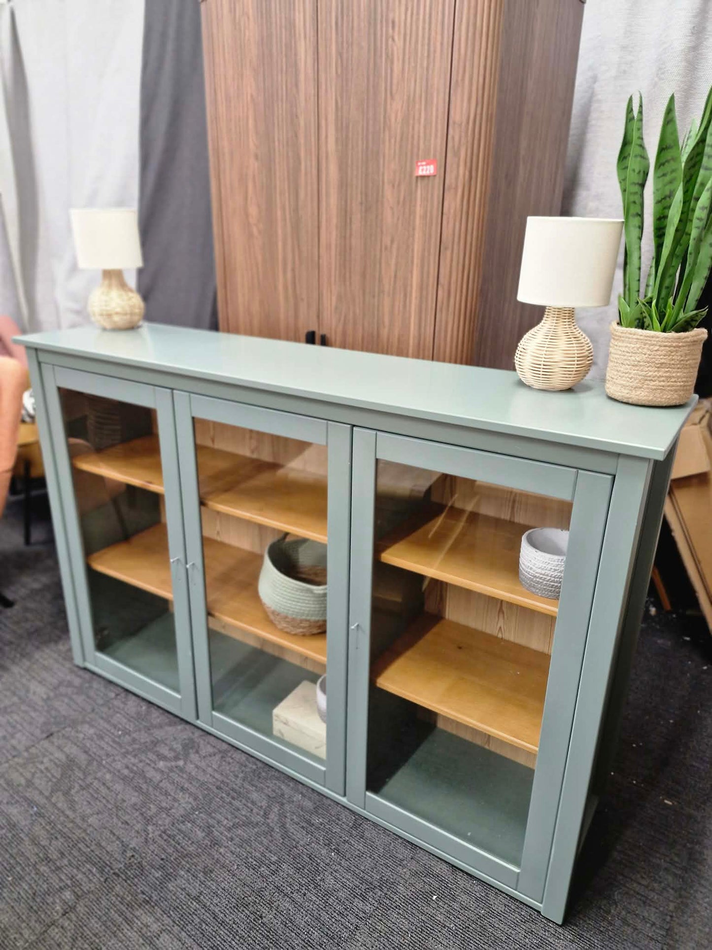 Green and Wood Low Display Cabinet with glass doors / Sideboard