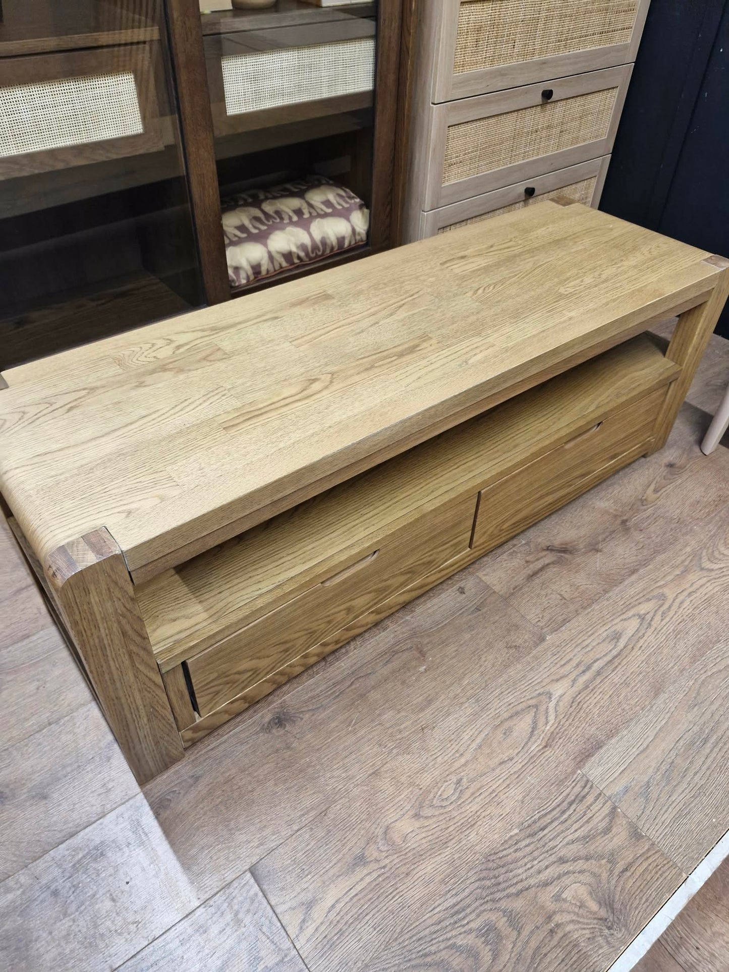 Rustic Oak Coffee Table with Storage Drawers and Shelf
