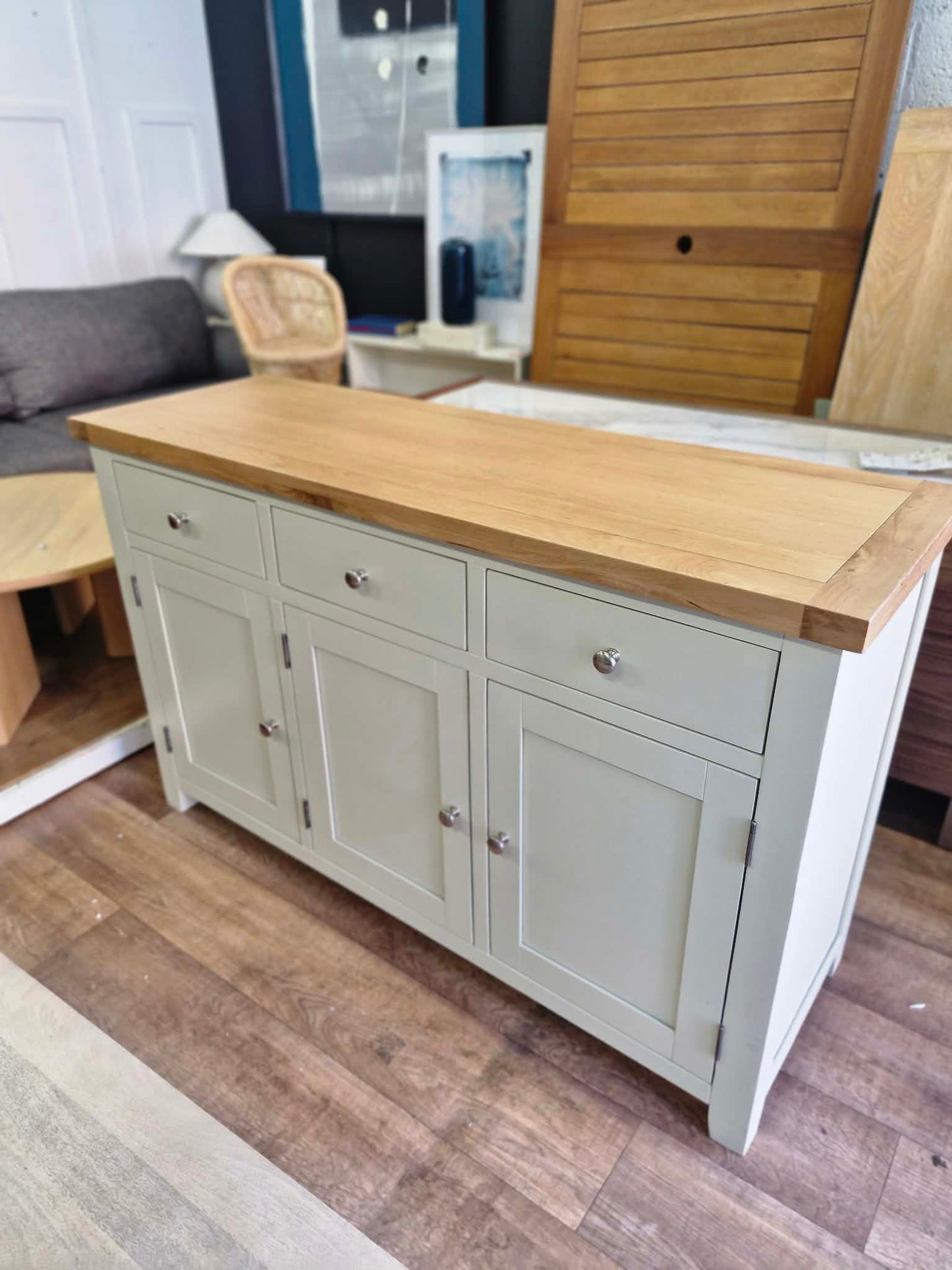 Pastel Light  Green and Oak Large Sideboard with 3 doors and 3 Drawers