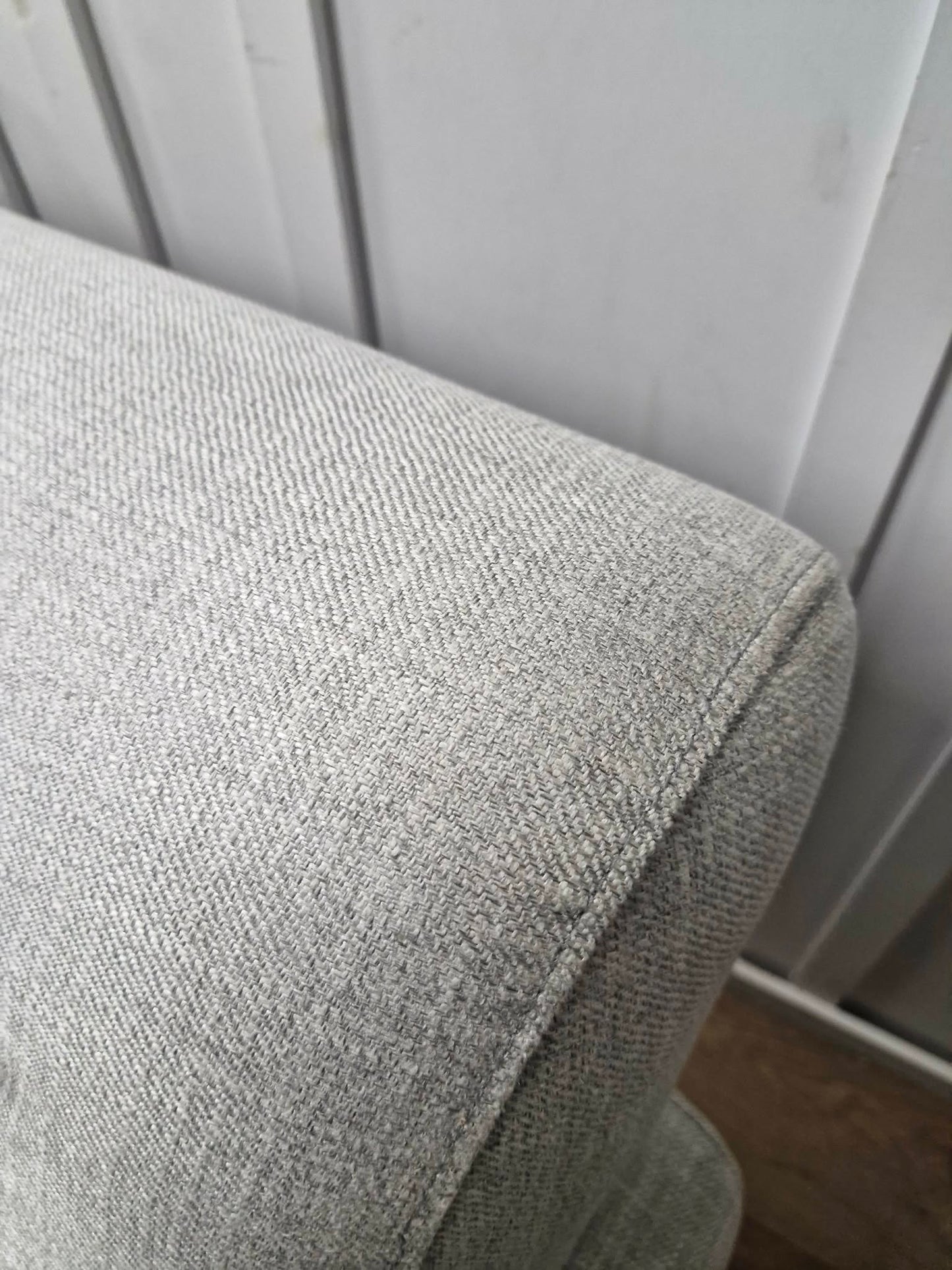 Light Grey Armchair with classic scroll arm and light wood legs / John Lewis Scroll II