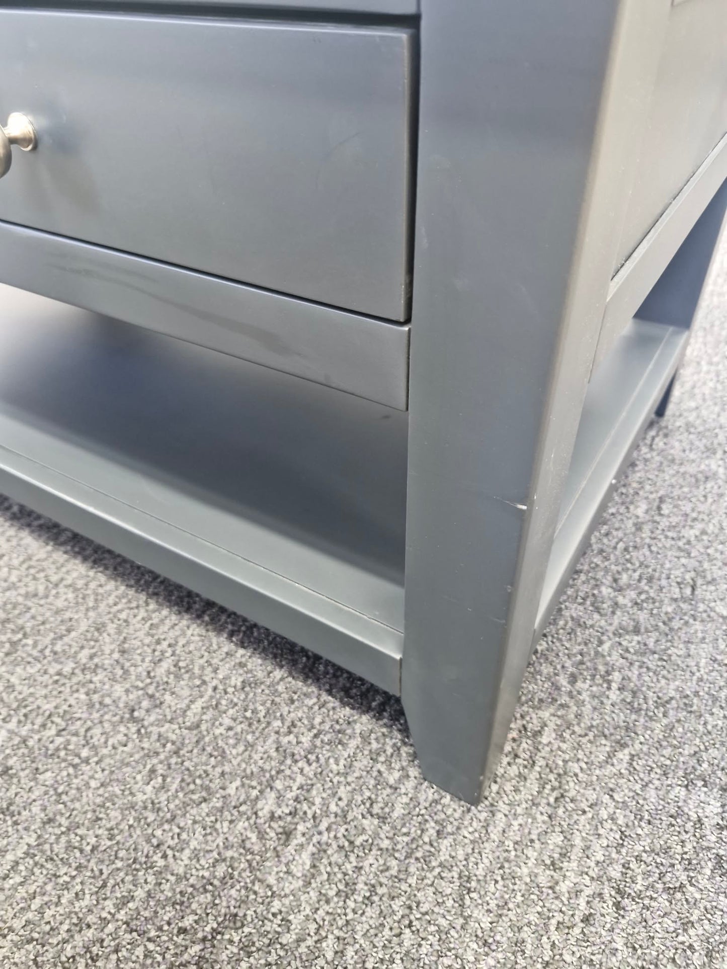 Navy Blue and Wood Herringbone/parquet Top Coffee Table with drawers and shelf