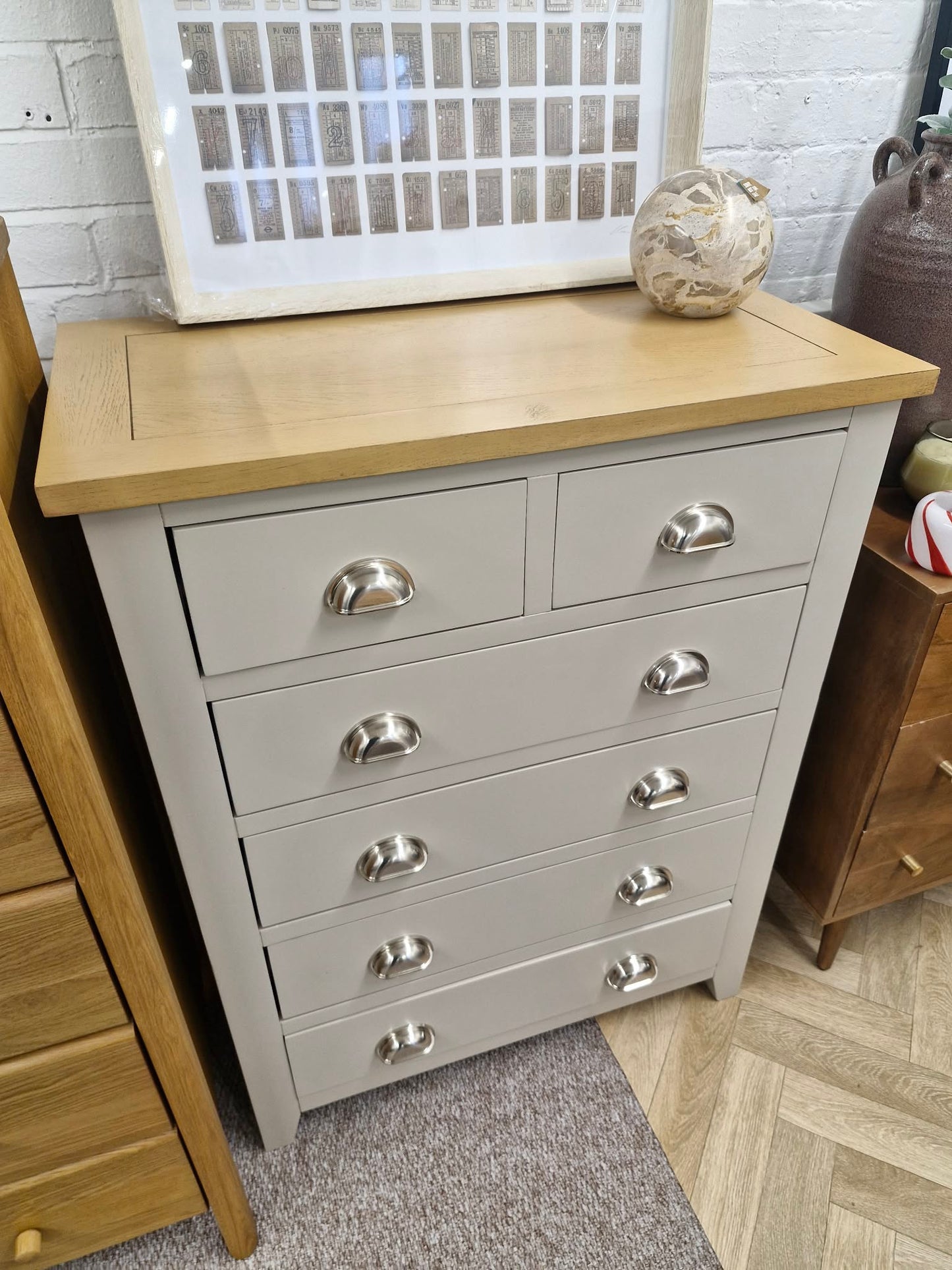 Oak and Grey High Chest of  6 Drawers / 2+4 drawers