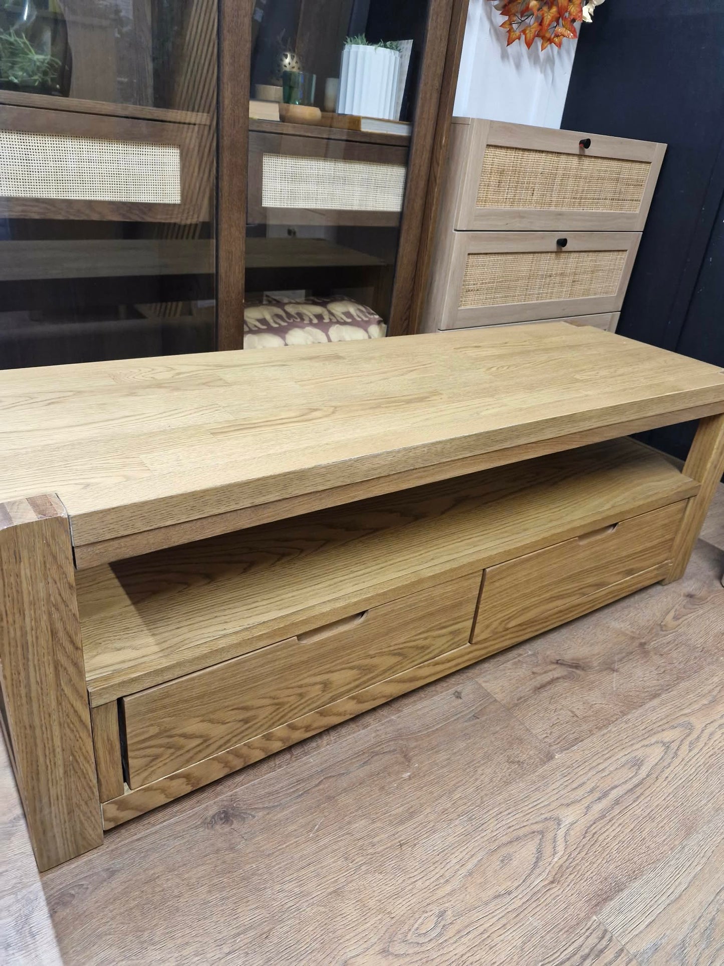 Rustic Oak Coffee Table with Storage Drawers and Shelf