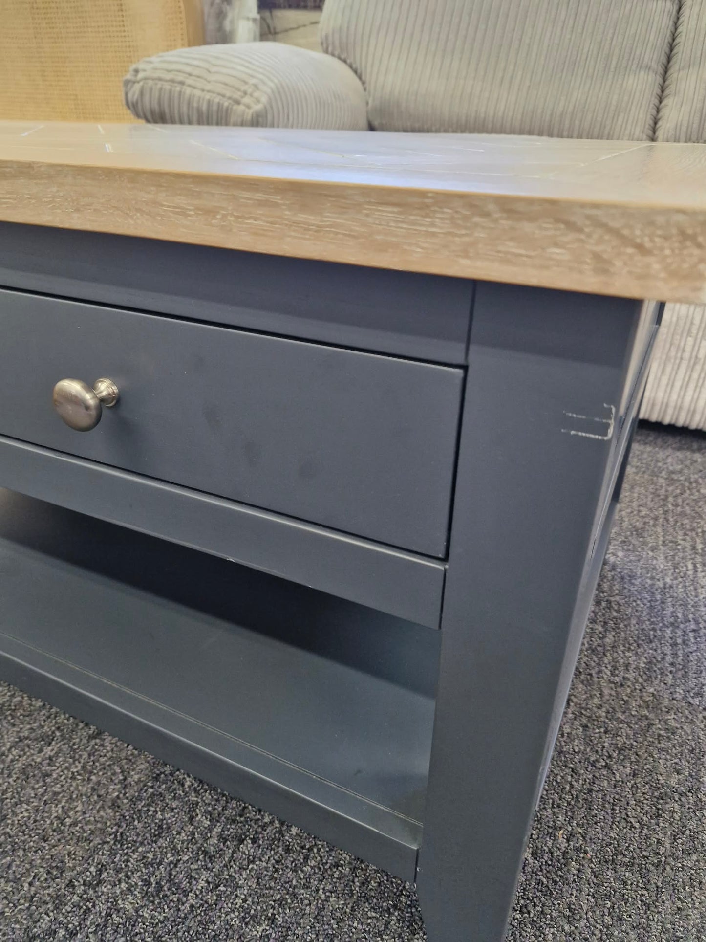 Navy Blue and Wood Herringbone/parquet Top Coffee Table with drawers and shelf