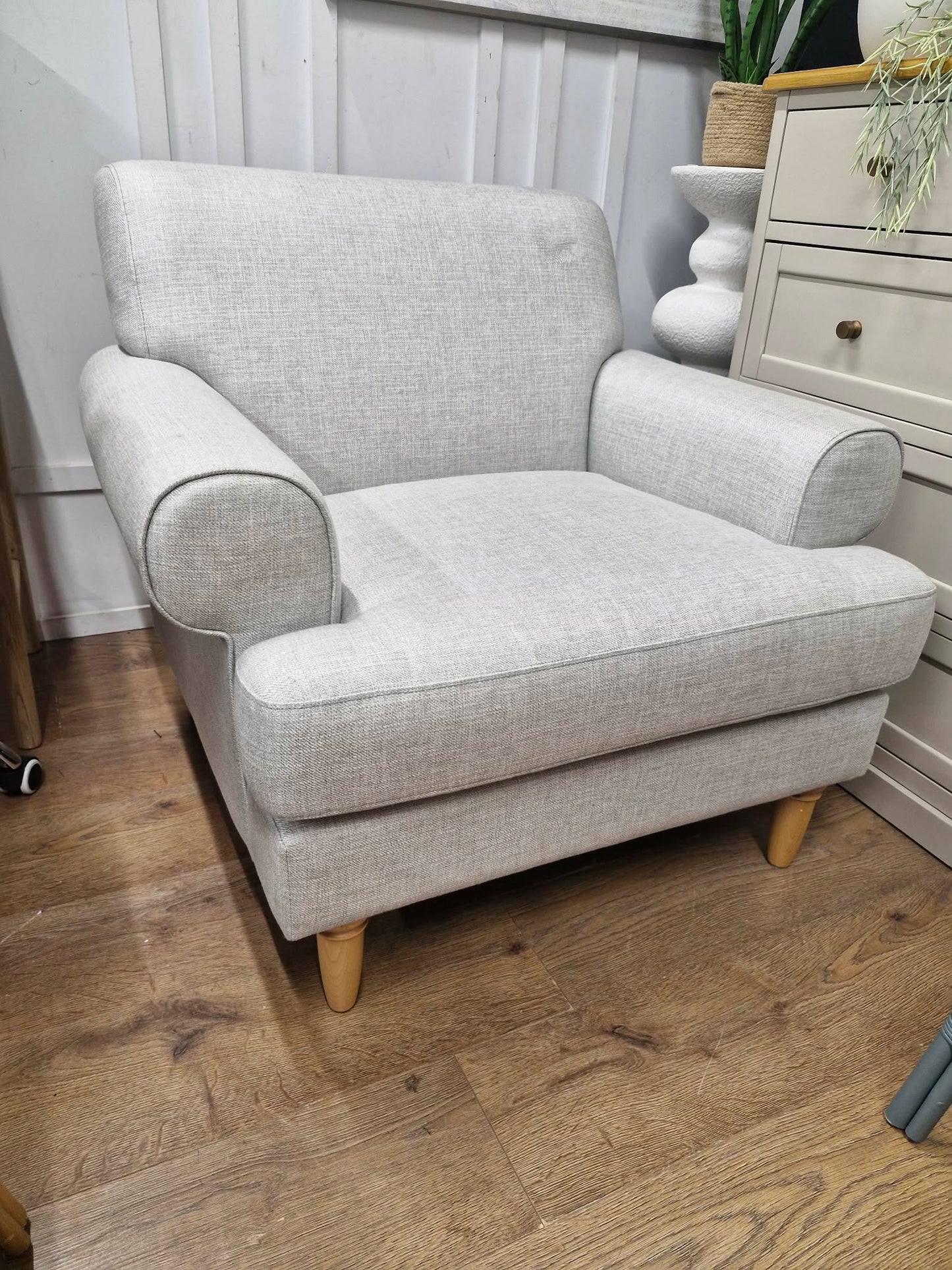 Light Grey Armchair with classic scroll arm and light wood legs / John Lewis Scroll II
