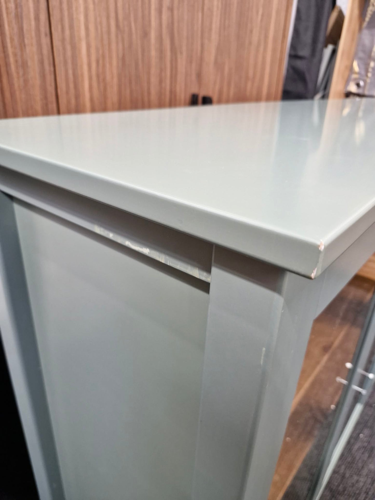 Green and Wood Low Display Cabinet with glass doors / Sideboard
