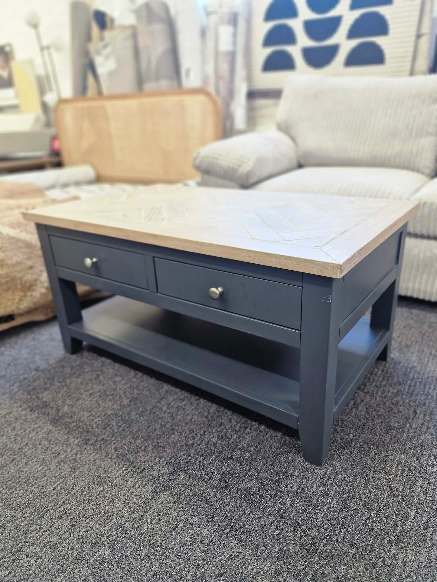 Navy Blue and Wood Herringbone/parquet Top Coffee Table with drawers and shelf