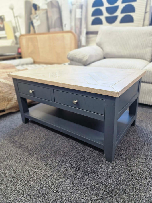 Navy Blue and Wood Herringbone/parquet Top Coffee Table with drawers and shelf