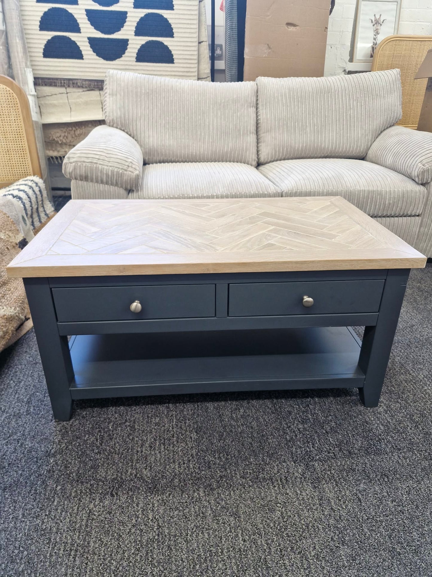 Navy Blue and Wood Herringbone/parquet Top Coffee Table with drawers and shelf
