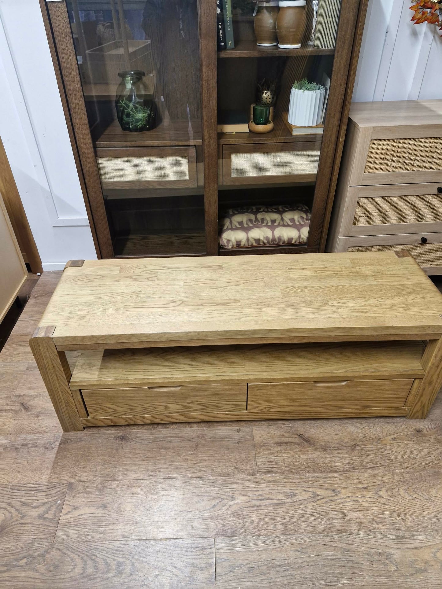 Rustic Oak Coffee Table with Storage Drawers and Shelf