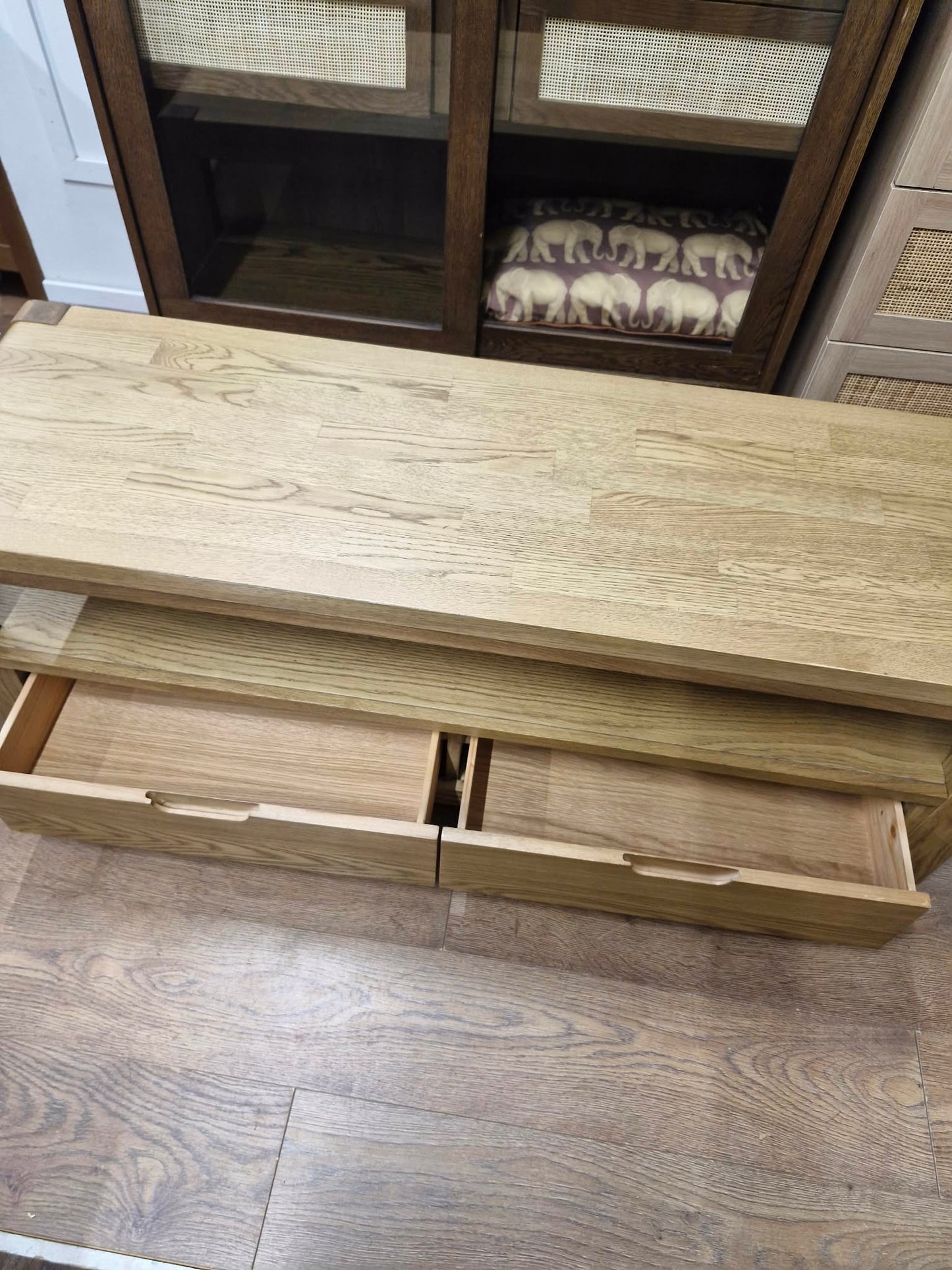 Rustic Oak Coffee Table with Storage Drawers and Shelf