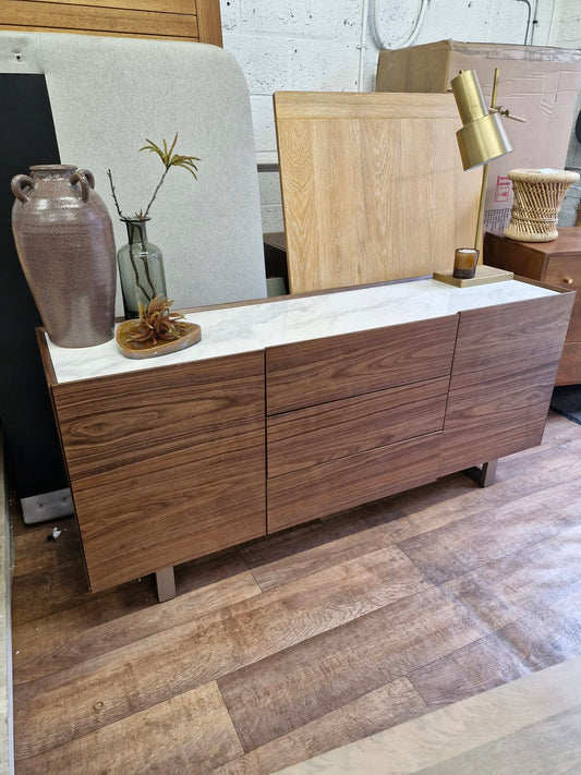 Dark Wood and Marble Large Sideboard with 2 doors and 3 drawers