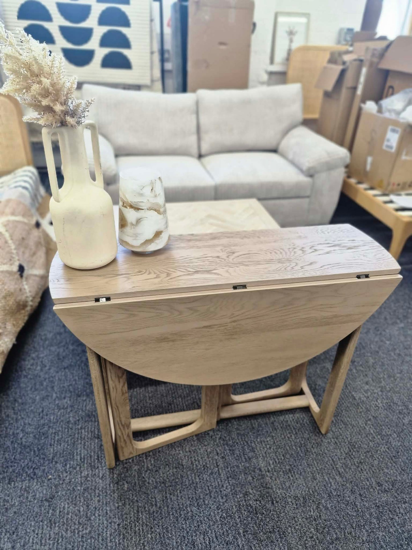 Drop Leaf Console Table - Folding Round Dining Table / Smoked Grey Oak