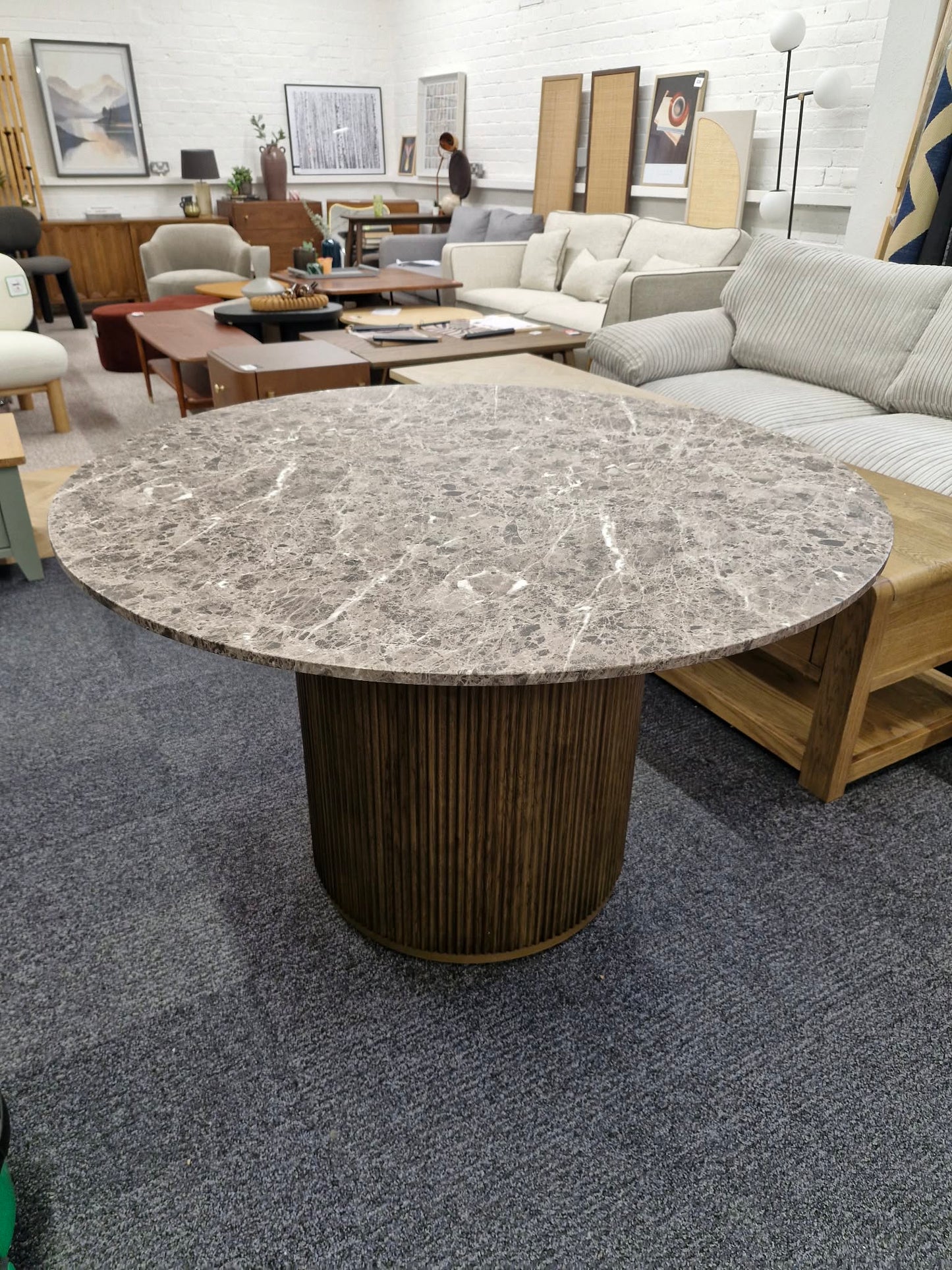 Round Brown Marble Look and Ribbed Base Dining Table