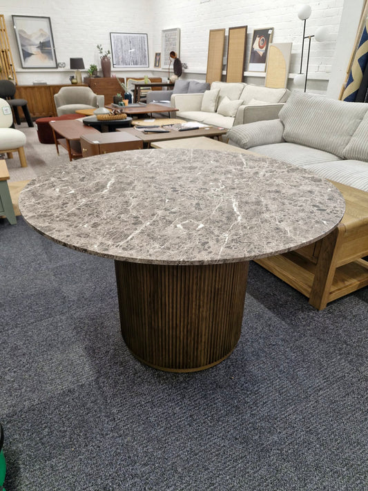 Round Brown Marble Look and Ribbed Base Dining Table
