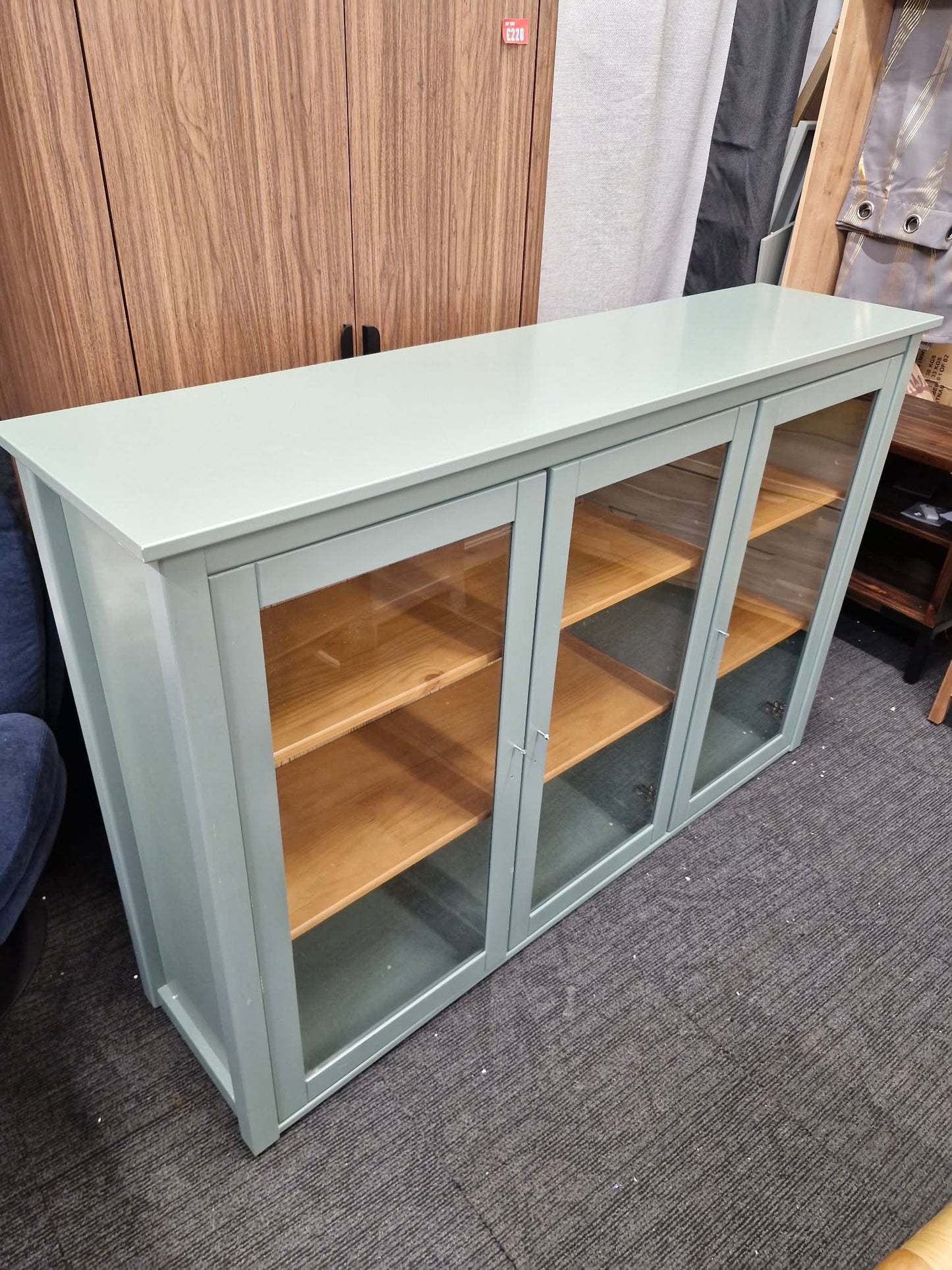 Green and Wood Low Display Cabinet with glass doors / Sideboard