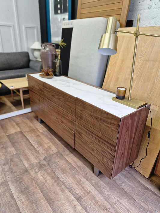 Dark Wood and Marble Large Sideboard with 2 doors and 3 drawers