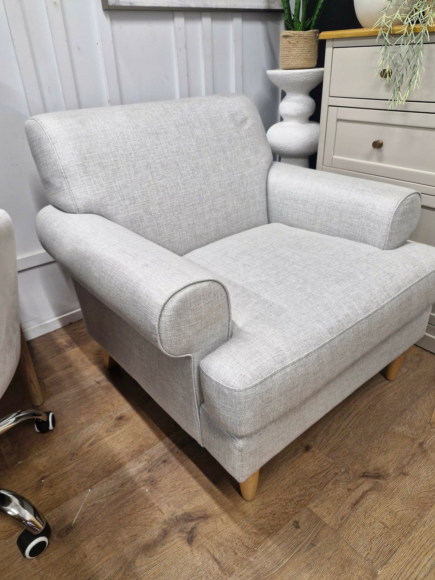 Light Grey Armchair with classic scroll arm and light wood legs / John Lewis Scroll II