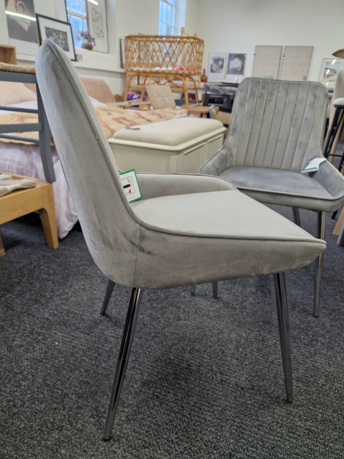 Grey Velvet and Chrome Metal Legs / Set of 2 dining chairs