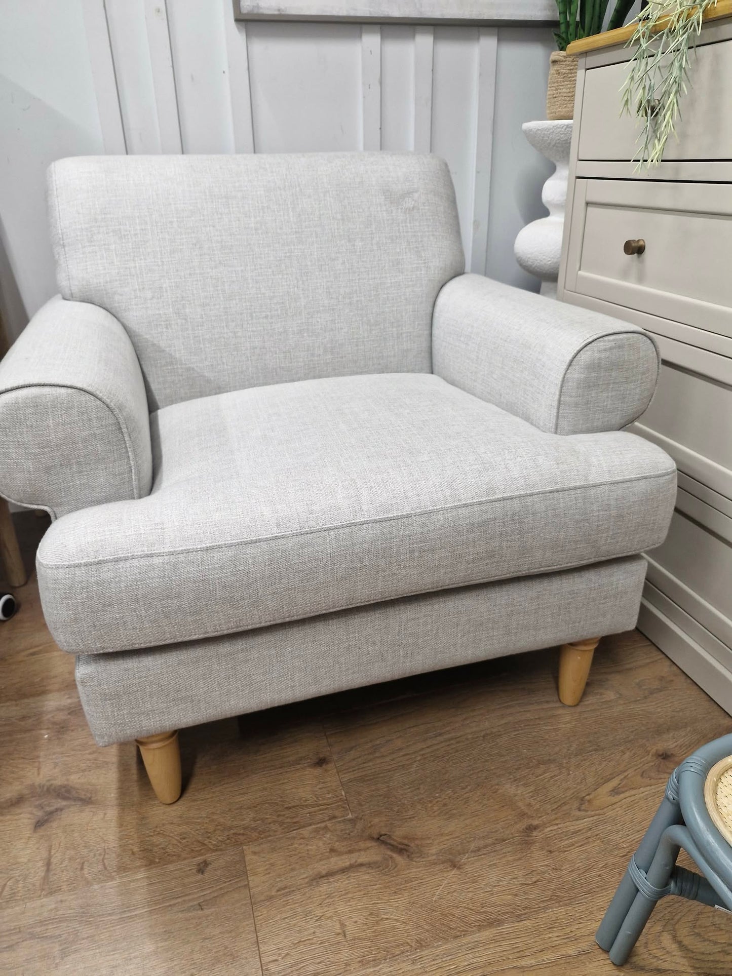 Light Grey Armchair with classic scroll arm and light wood legs / John Lewis Scroll II