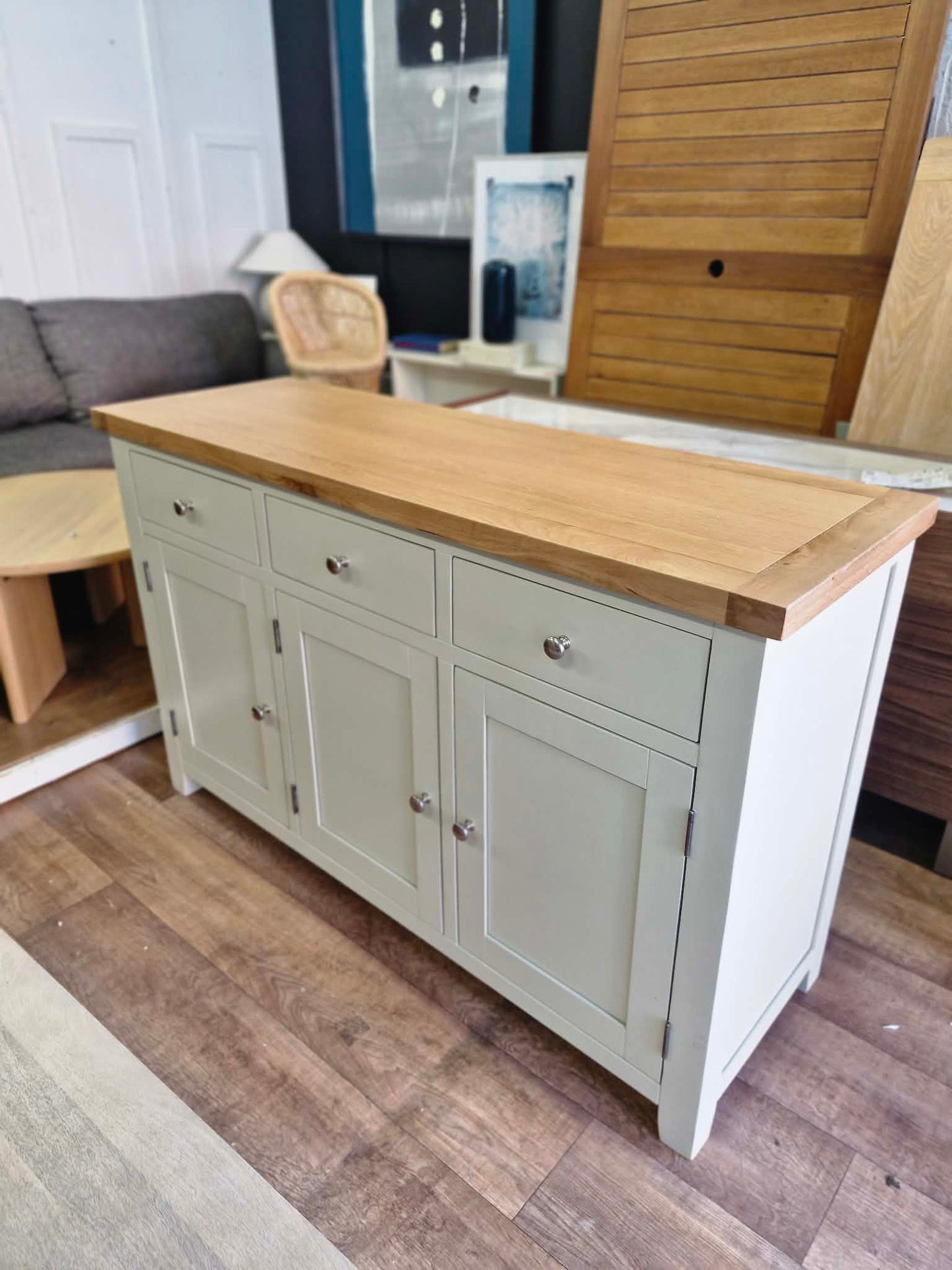 Pastel Light  Green and Oak Large Sideboard with 3 doors and 3 Drawers