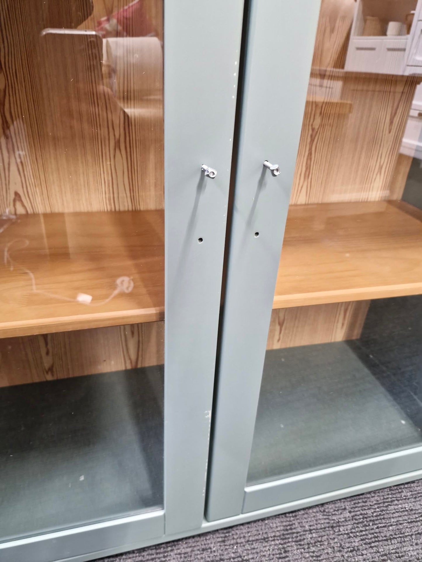 Green and Wood Low Display Cabinet with glass doors / Sideboard