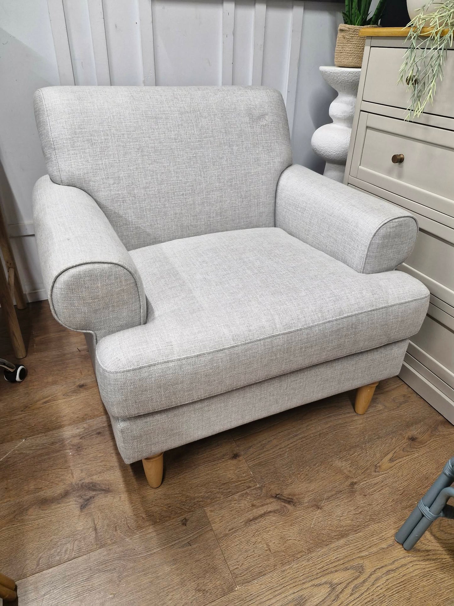 Light Grey Armchair with classic scroll arm and light wood legs / John Lewis Scroll II