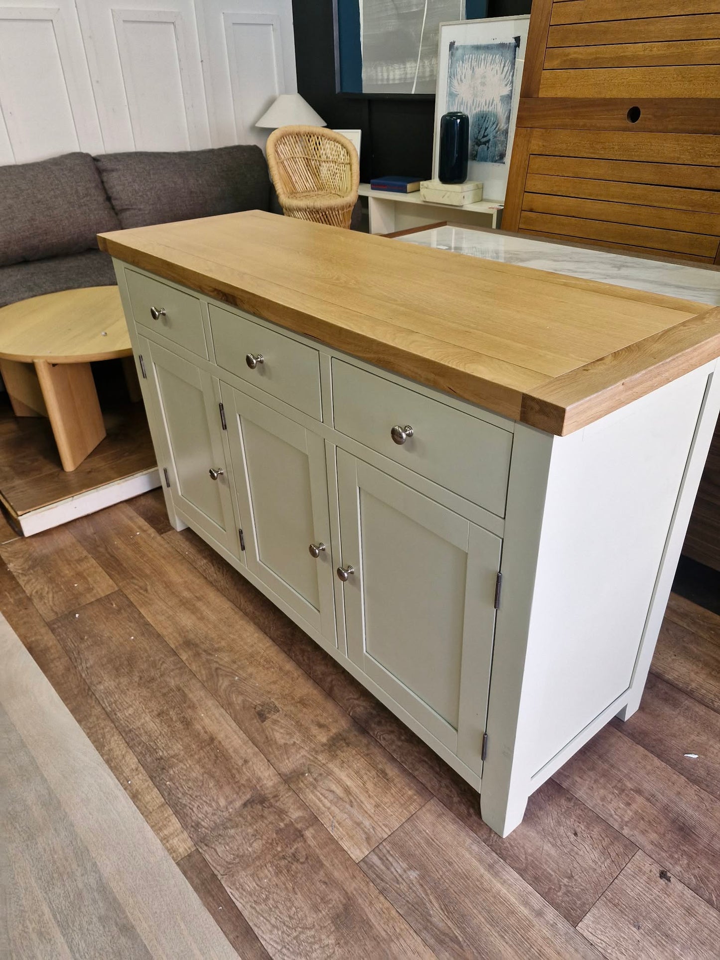Pastel Light  Green and Oak Large Sideboard with 3 doors and 3 Drawers