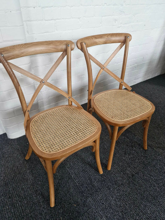 Cross Back Solid wood and rattan cane dining chairs / Set of 2