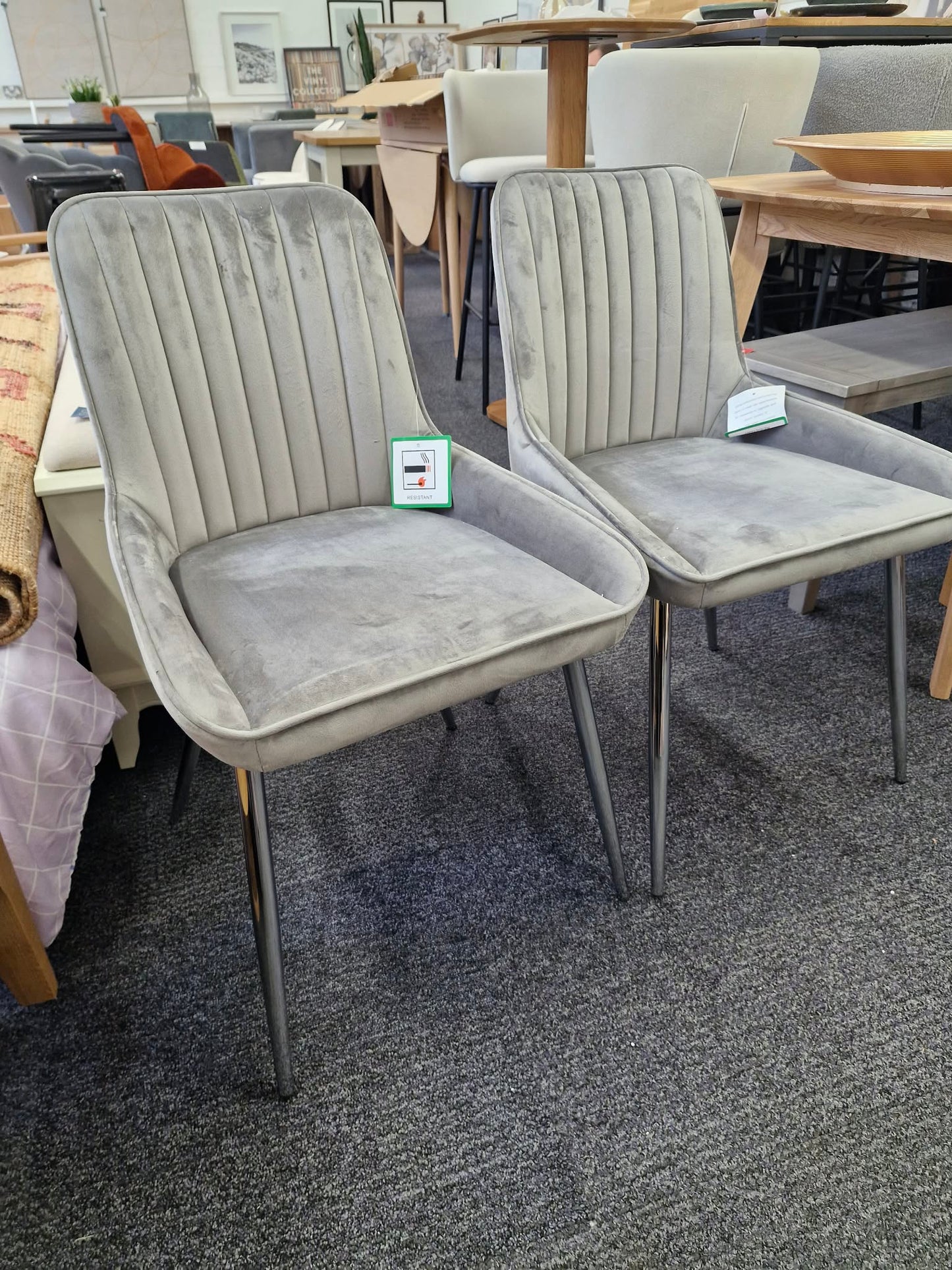 Grey Velvet and Chrome Metal Legs / Set of 2 dining chairs