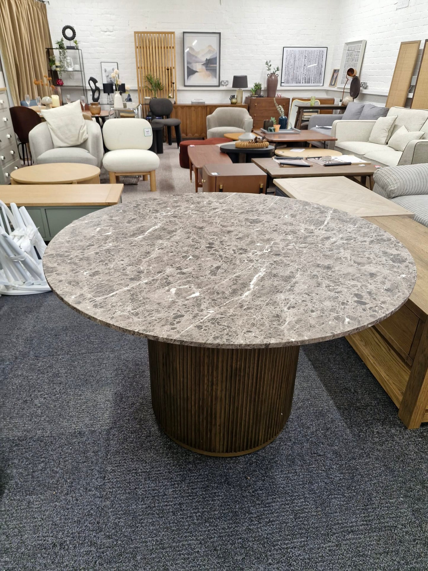 Round Brown Marble Look and Ribbed Base Dining Table
