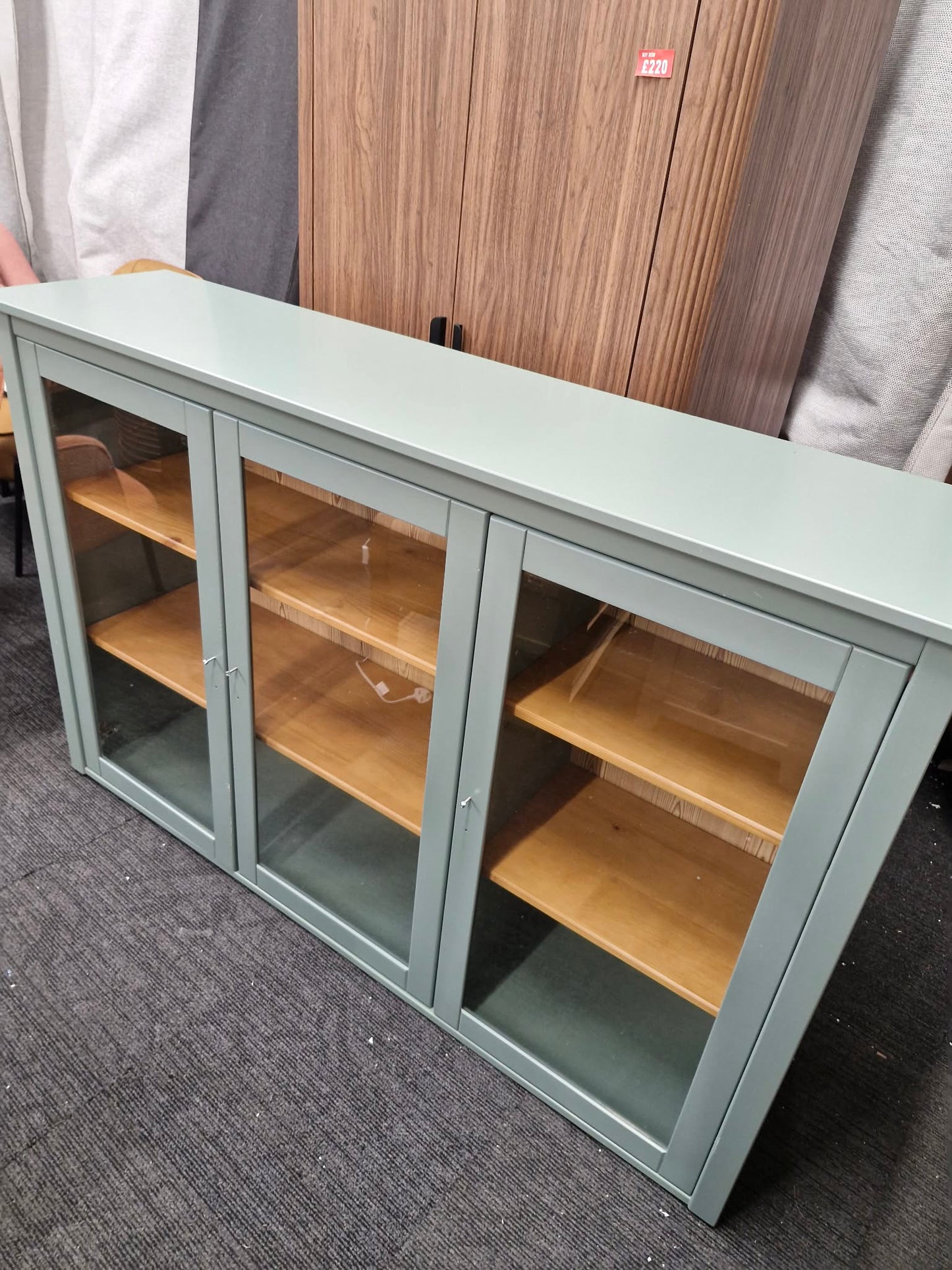 Green and Wood Low Display Cabinet with glass doors / Sideboard