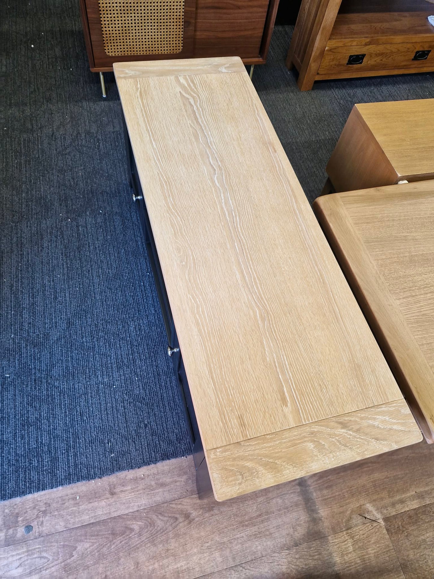 Black and Solid Oak Wood Top Tv Stand