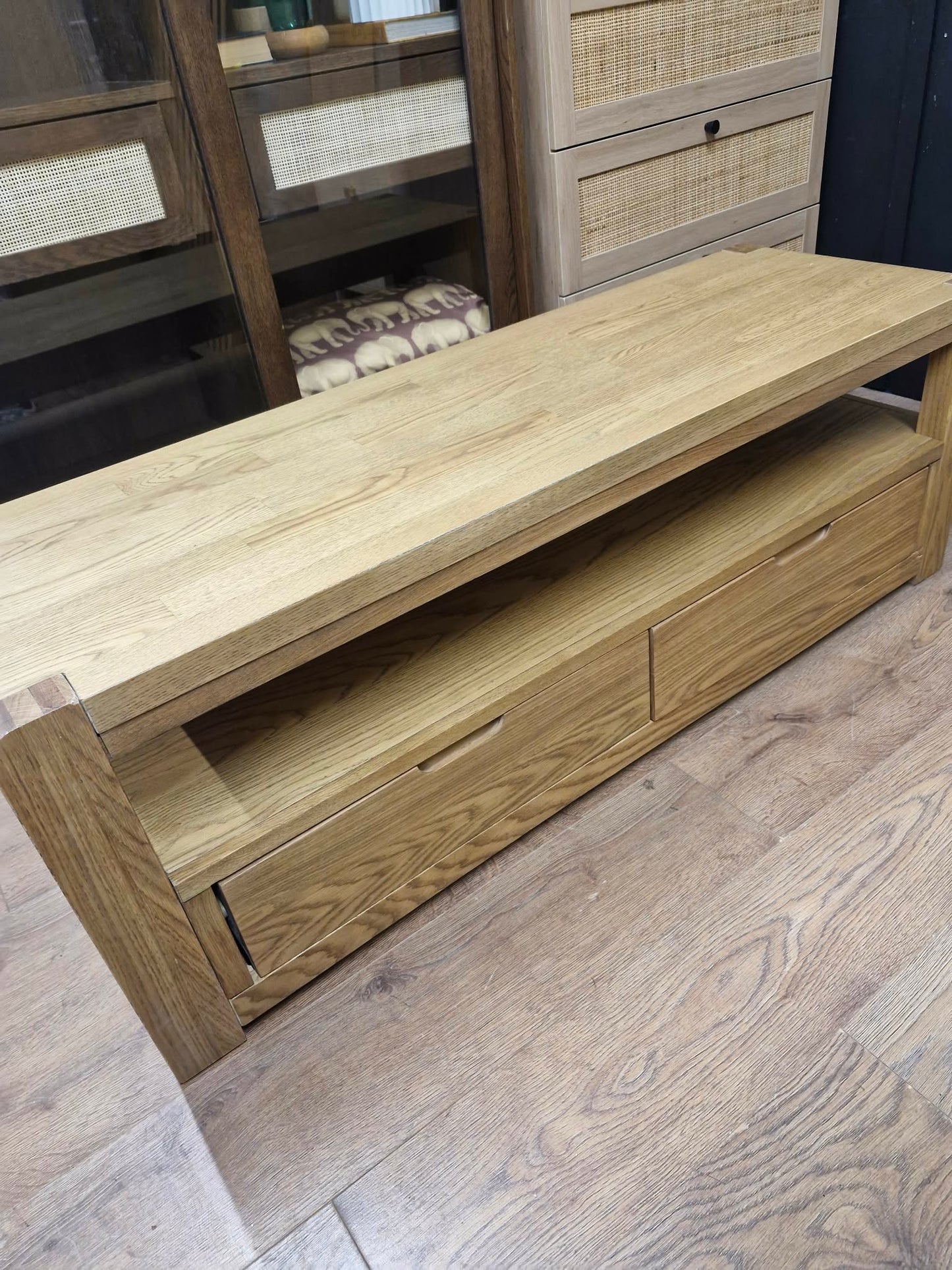 Rustic Oak Coffee Table with Storage Drawers and Shelf