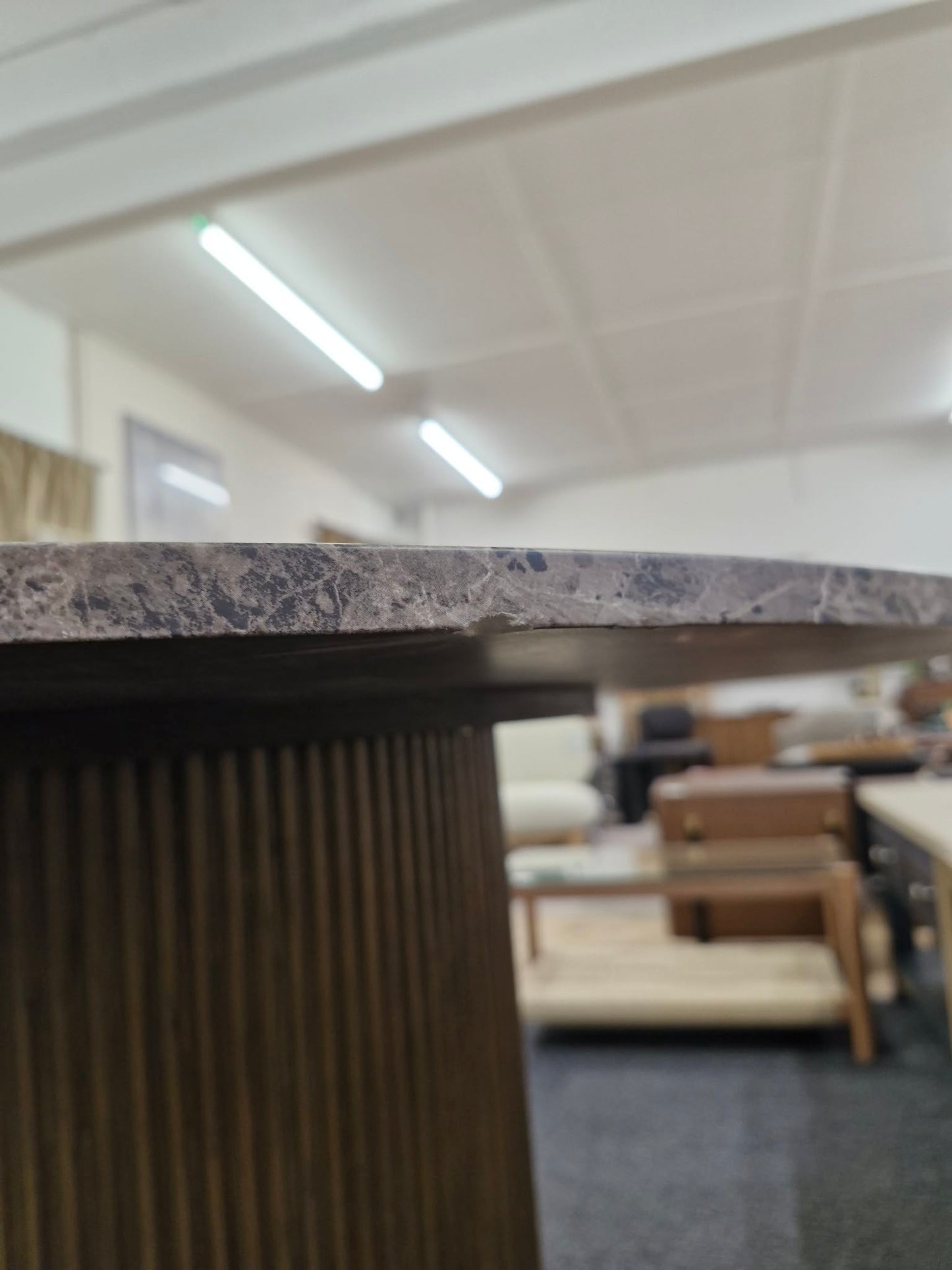Round Brown Marble Look and Ribbed Base Dining Table